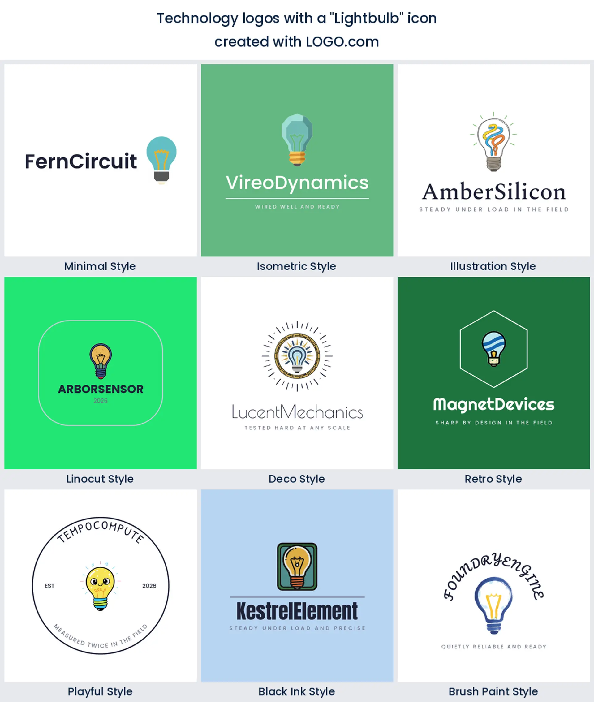 Lightbulb technology logo shown in nine LOGO.com styles.