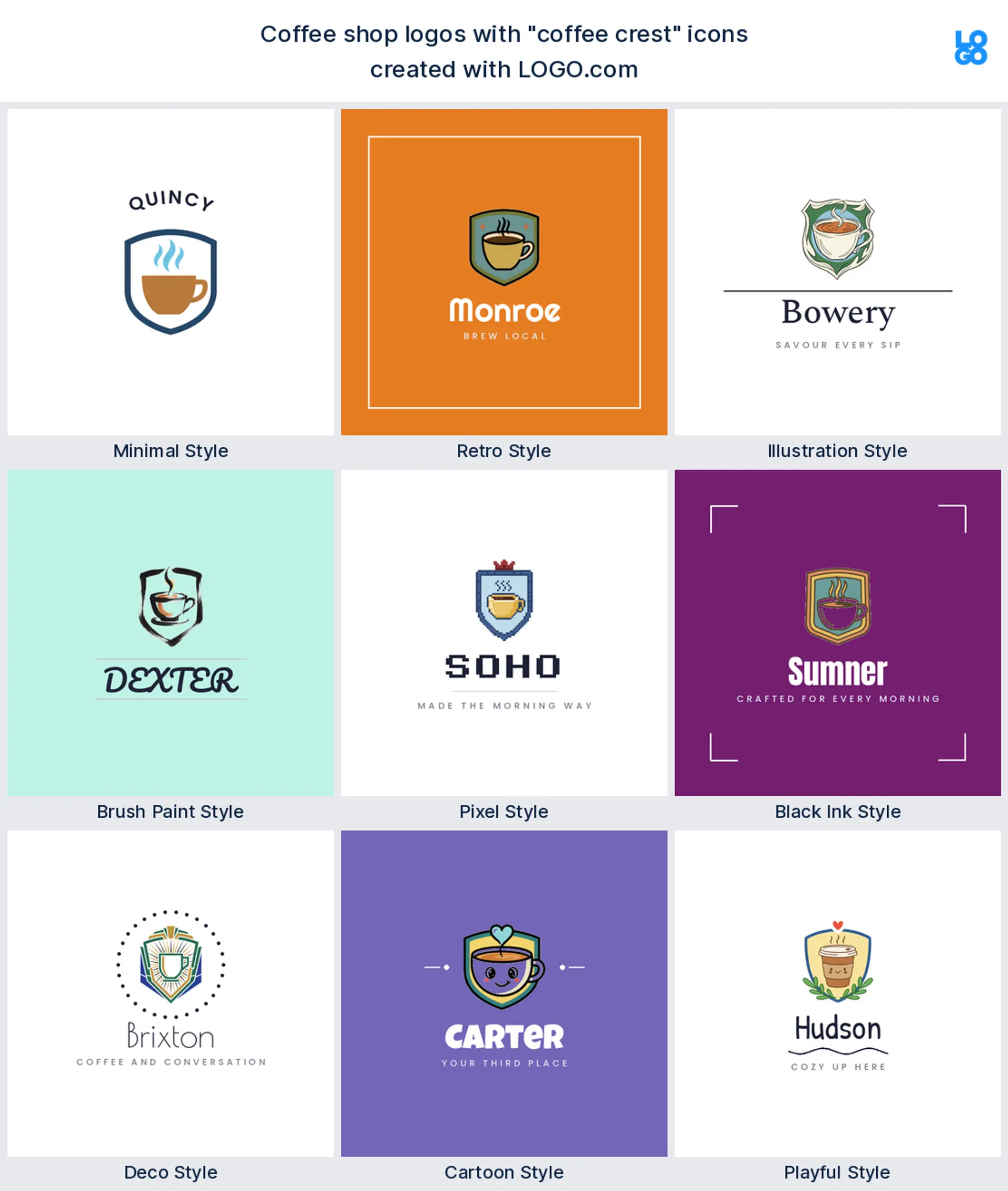 Coffee crest logo shown in nine LOGO.com styles