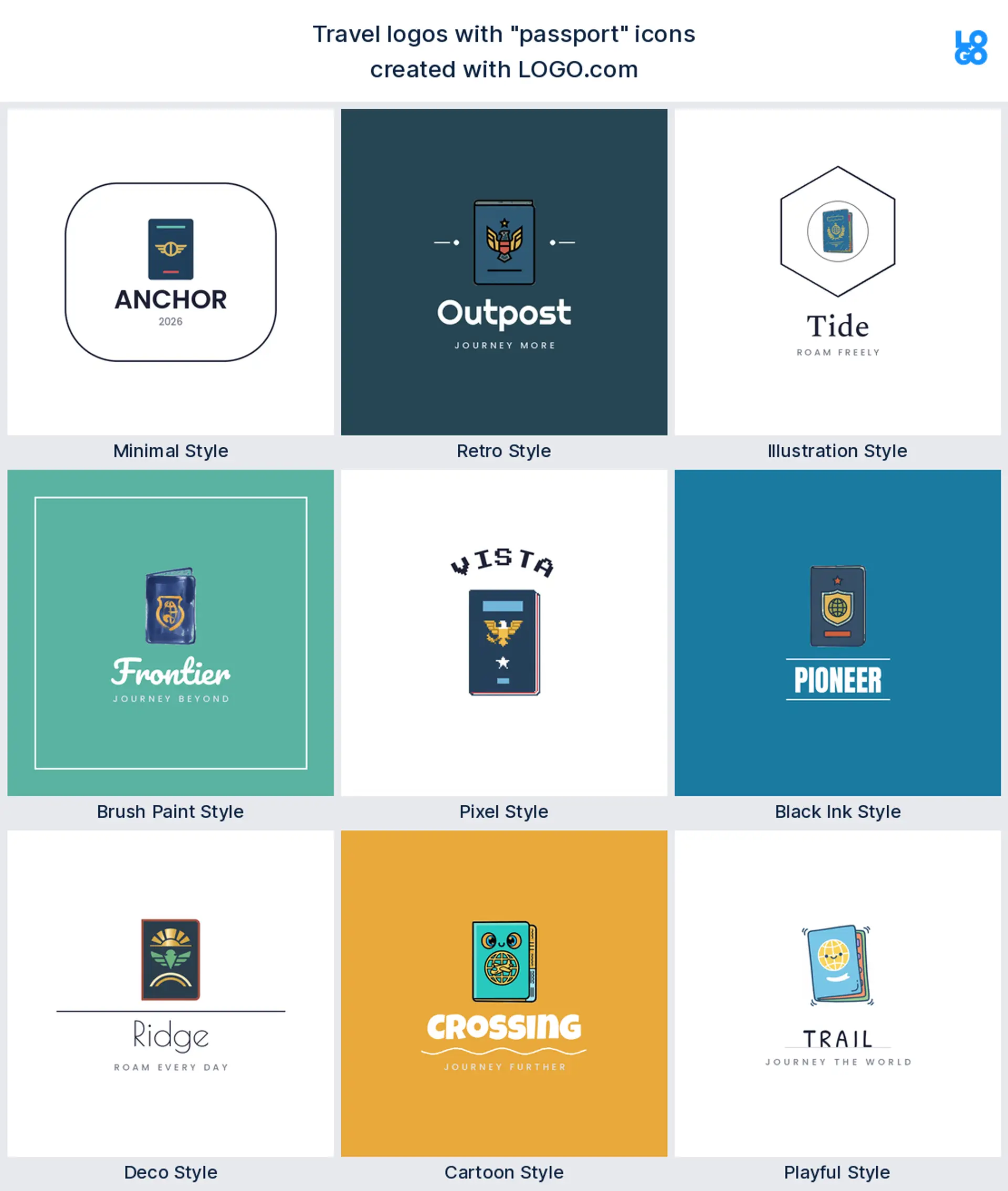 Passport travel logo shown in nine LOGO.com styles