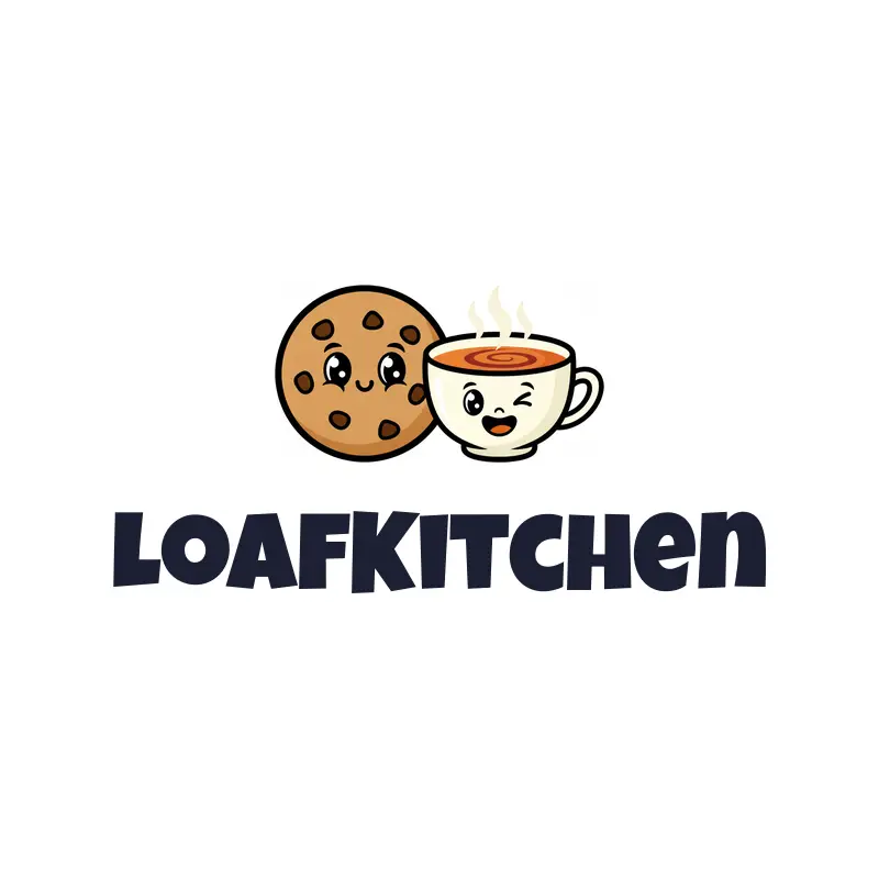 A cartoon cookie and chai cup bakery logo on white.
