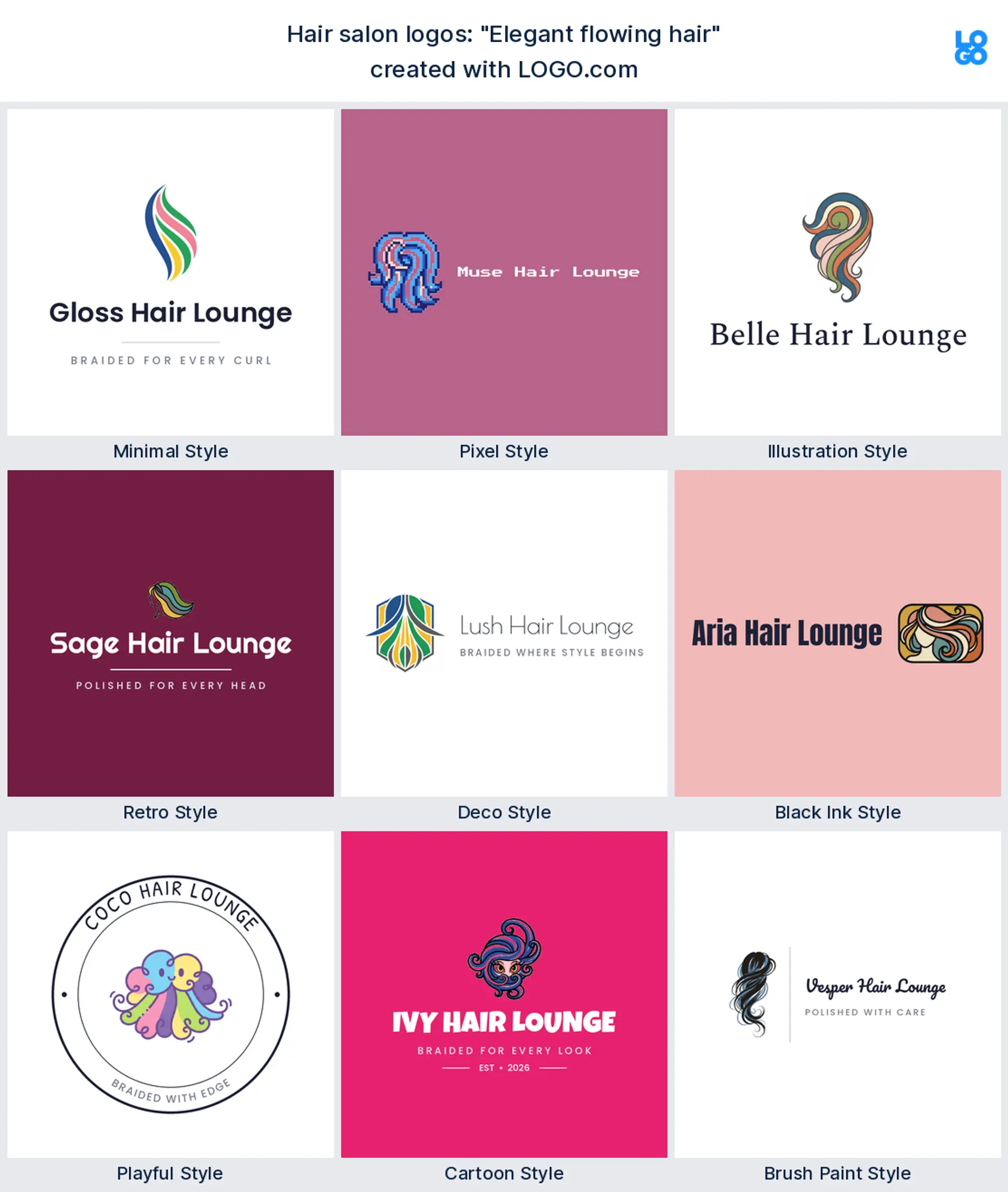The "Elegant flowing hair" hair salon logo idea shown across nine LOGO.com styles