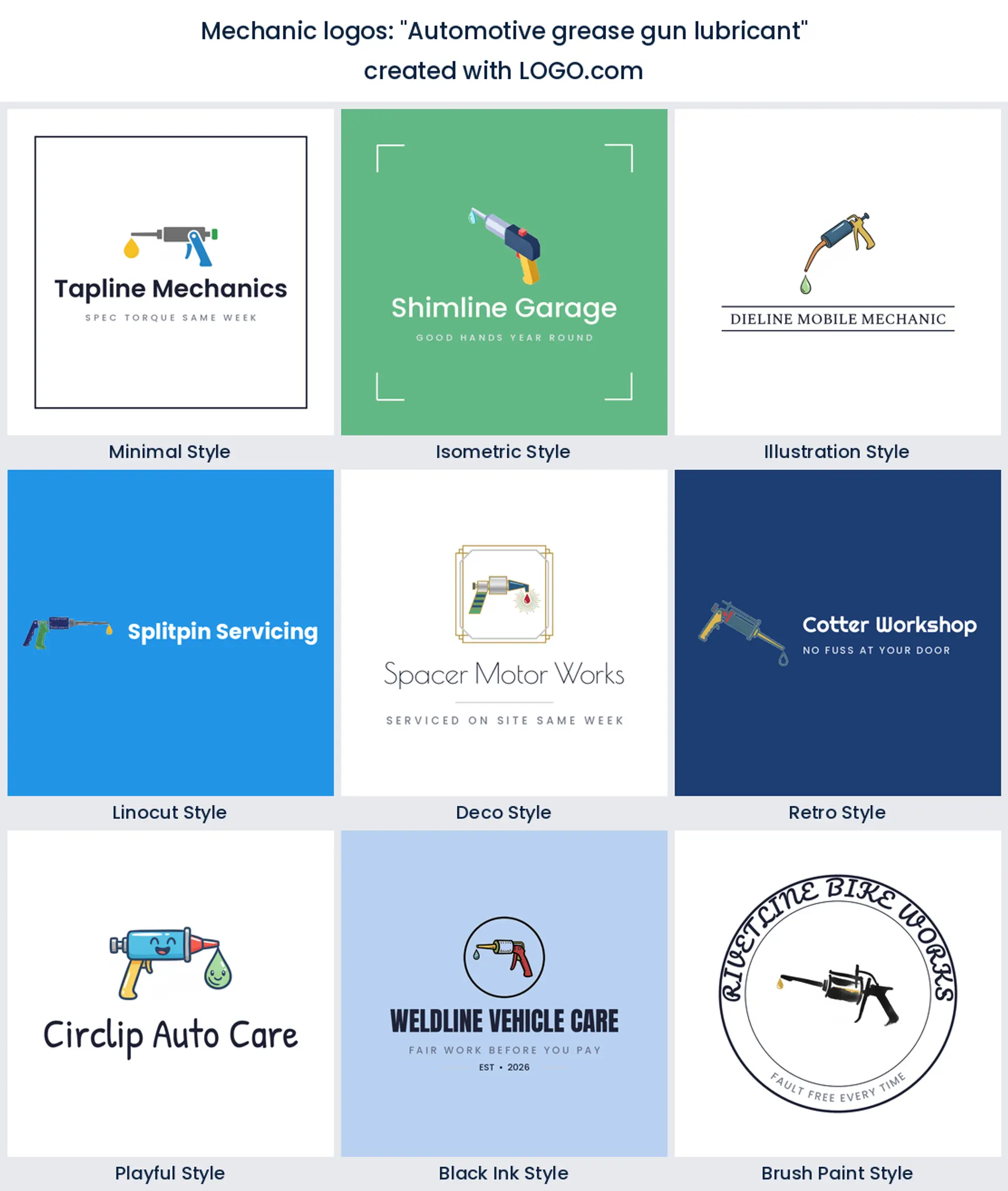 Grease gun mechanic logo in nine styles