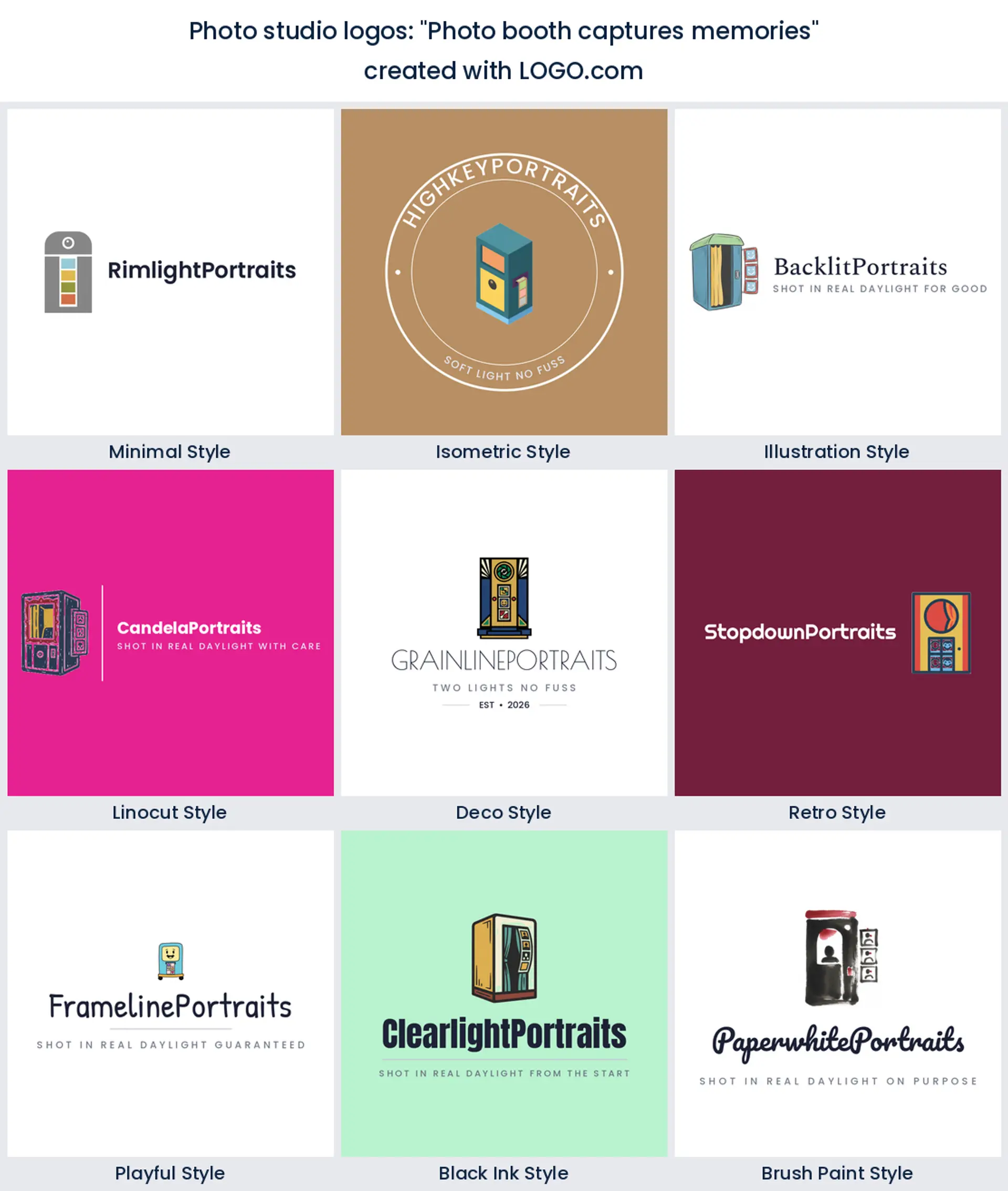 Photo studio logos from the prompt photo booth captures memories in nine styles