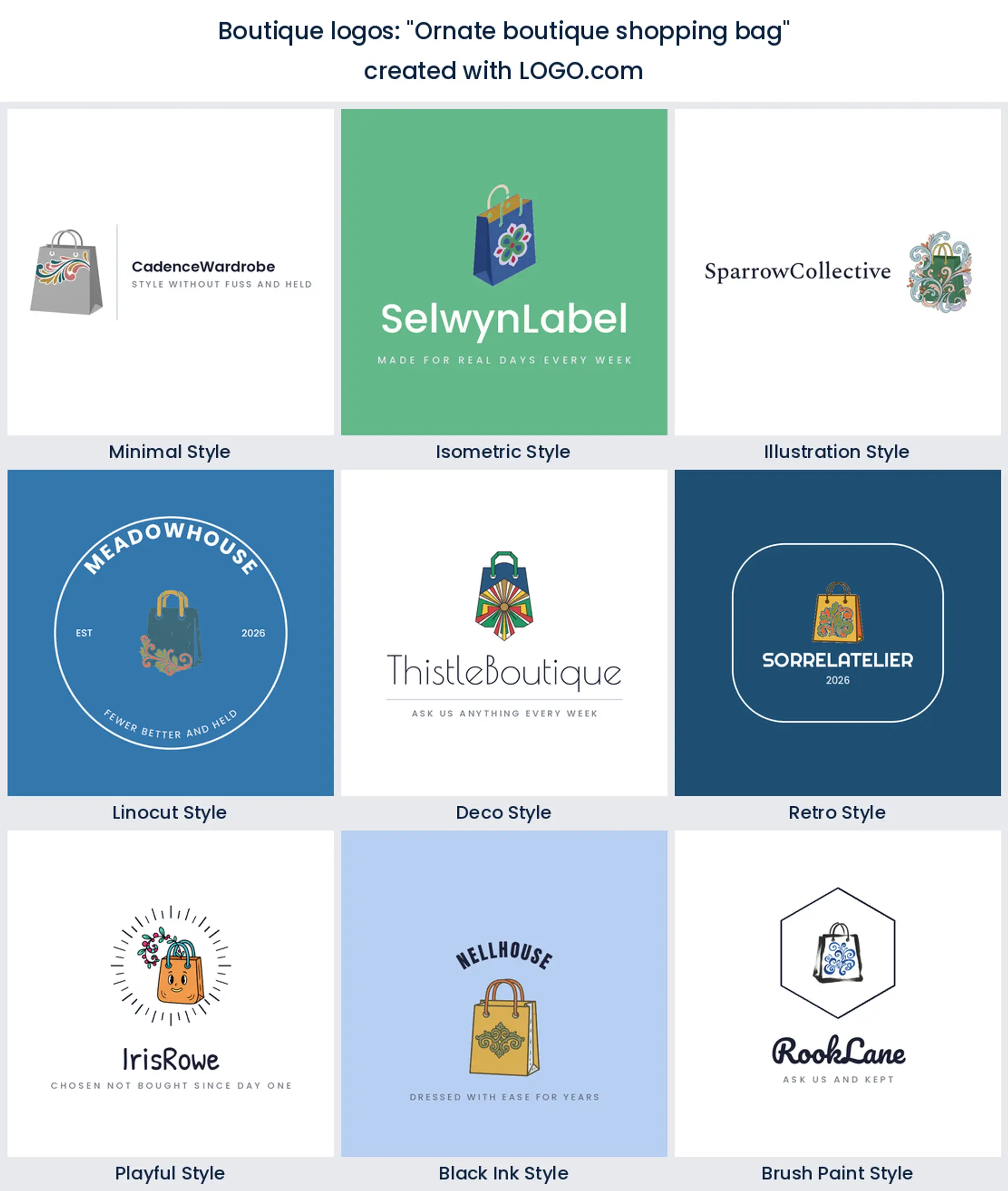 Ornate shopping bag boutique logo shown in nine LOGO.com styles