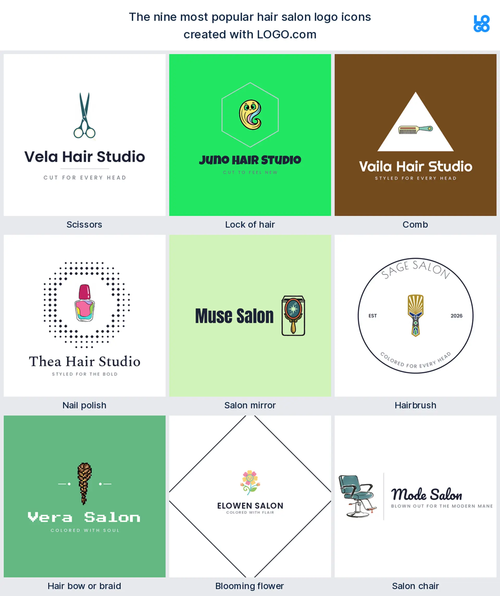 The nine most popular hair salon logo icons on LOGO.com, shown across nine styles