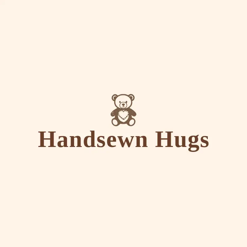 The toy company name Handsewn Hugs as a branded logo with a single color icon