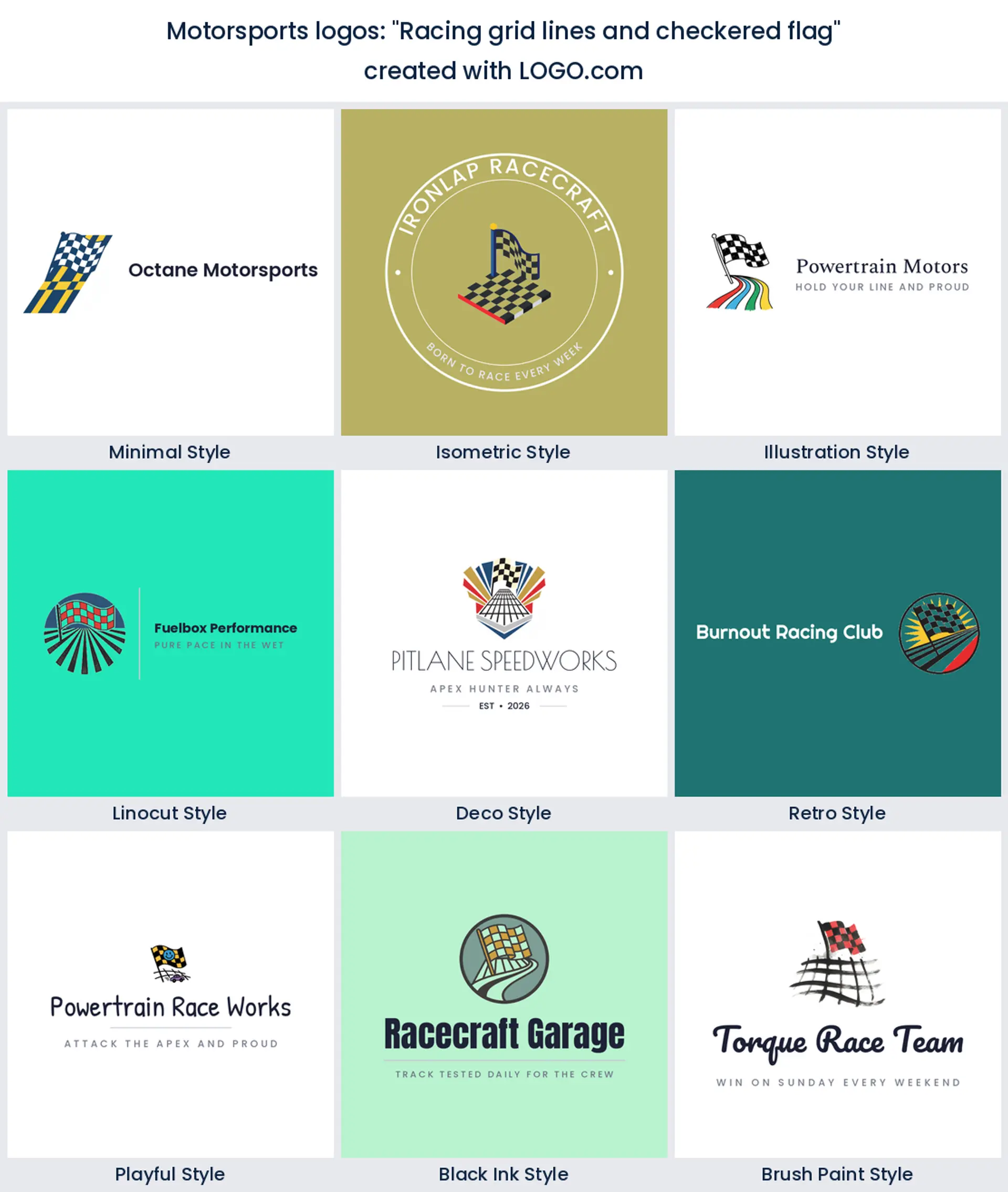 Nine race team logos of starting grid lines under a checkered flag, in nine styles.
