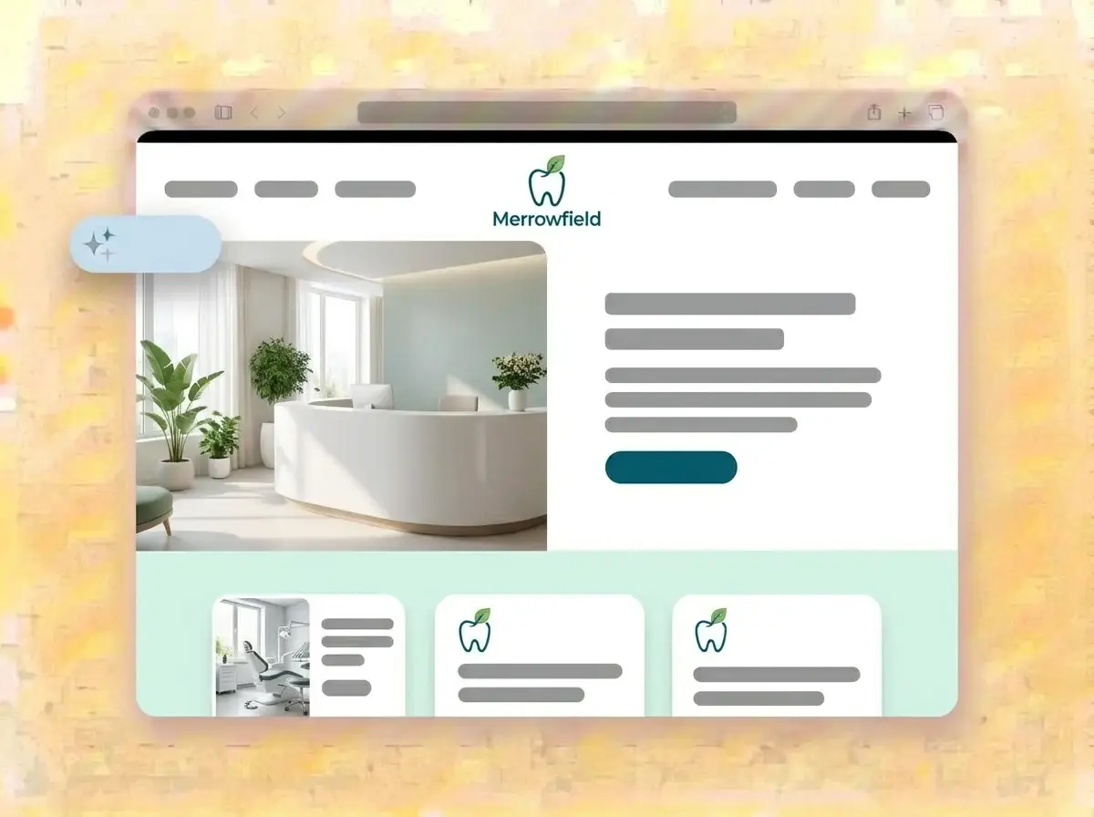 Finished Merrowfield Dental website built by LOGO.com from the uploaded logo, with a bright clinic reception in the hero photo