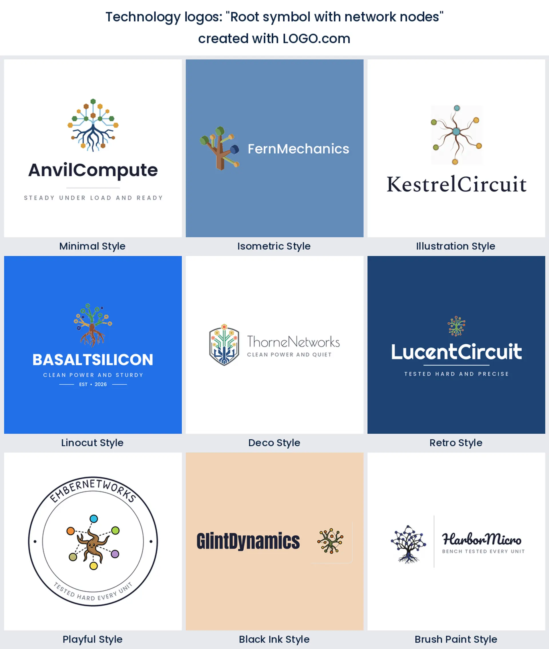 Root symbol with network nodes technology logo in nine styles.