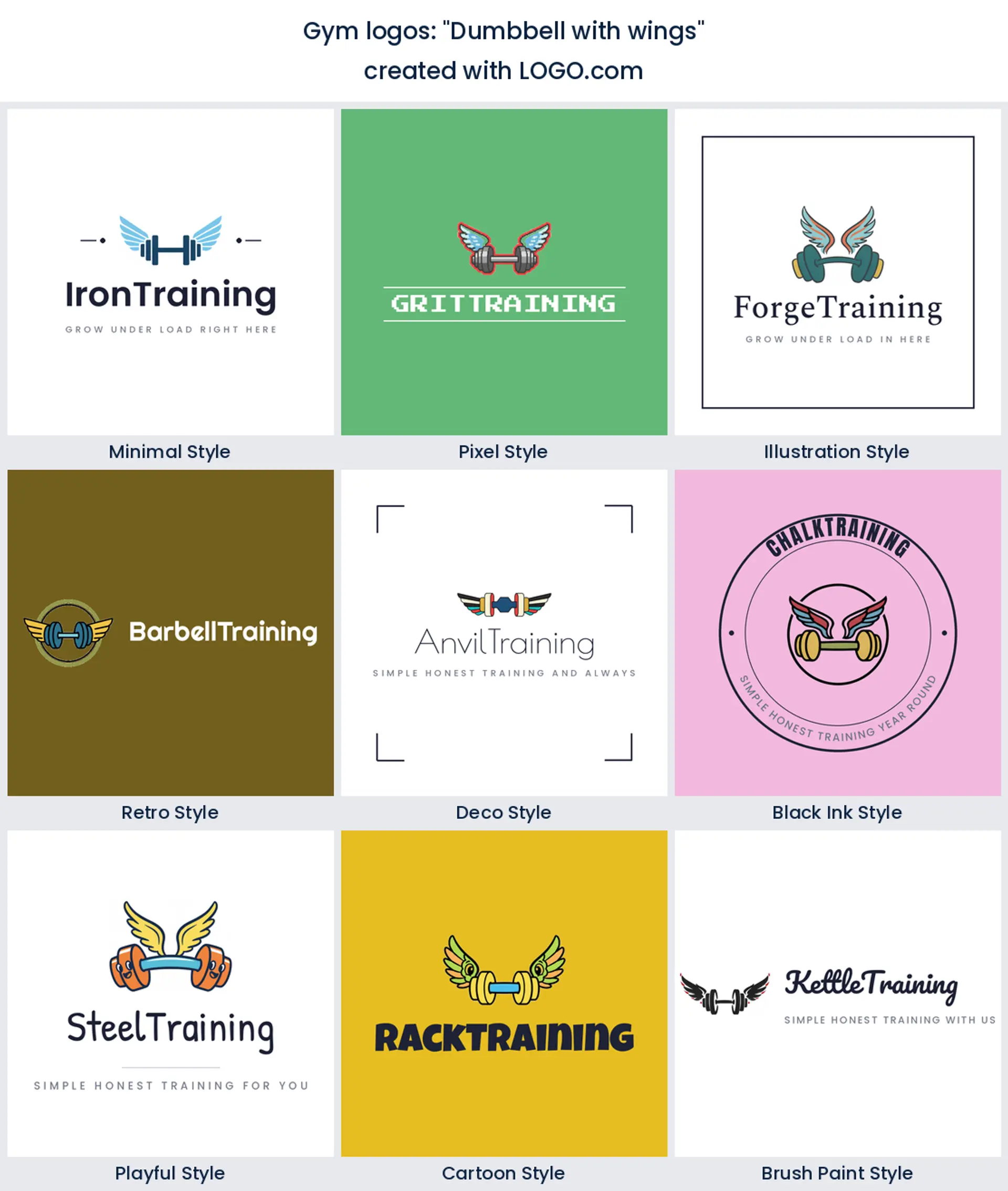 Winged dumbbell logo shown across nine LOGO.com styles