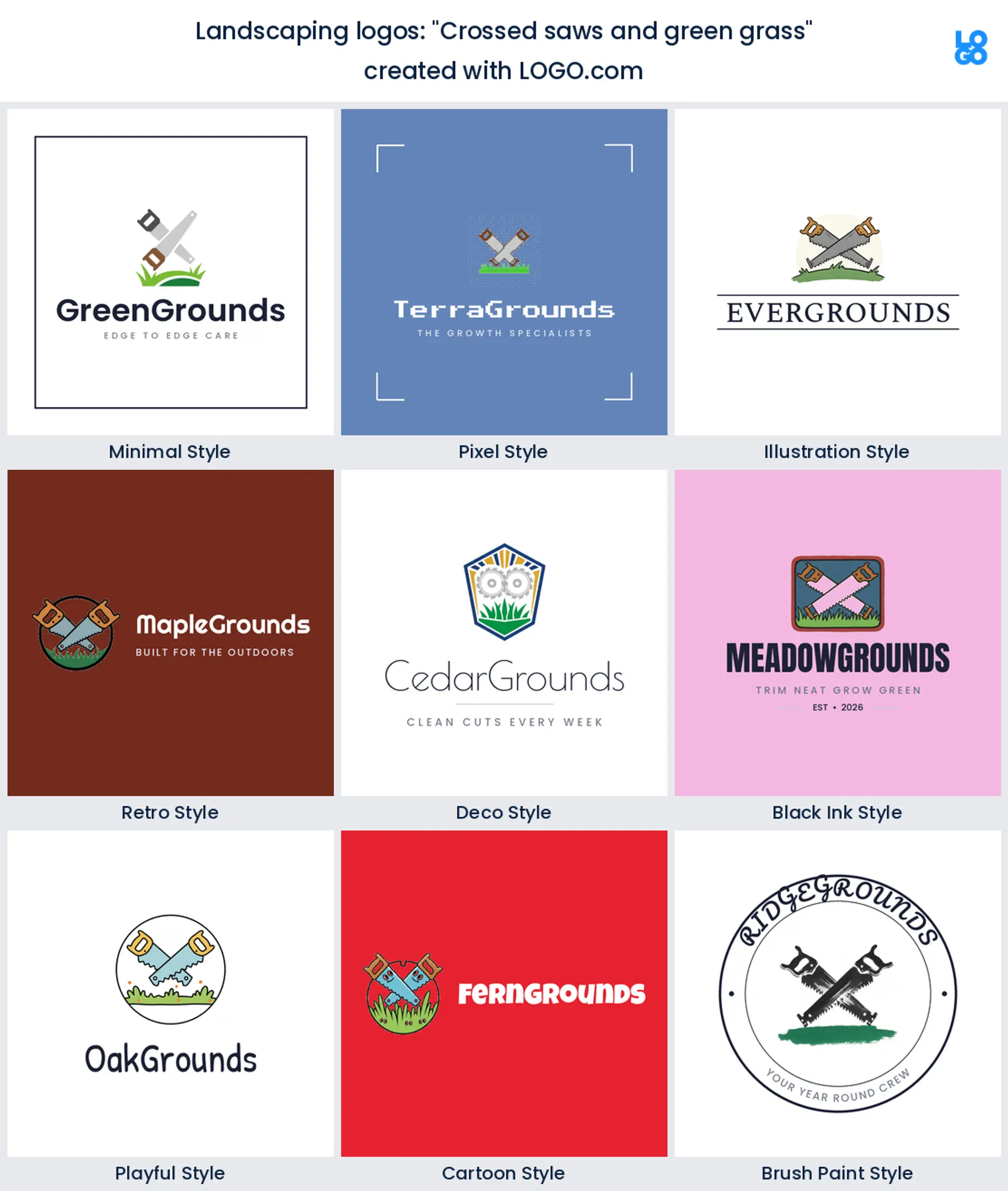 Crossed saws and green grass, a landscaping logo idea shown in nine LOGO.com styles