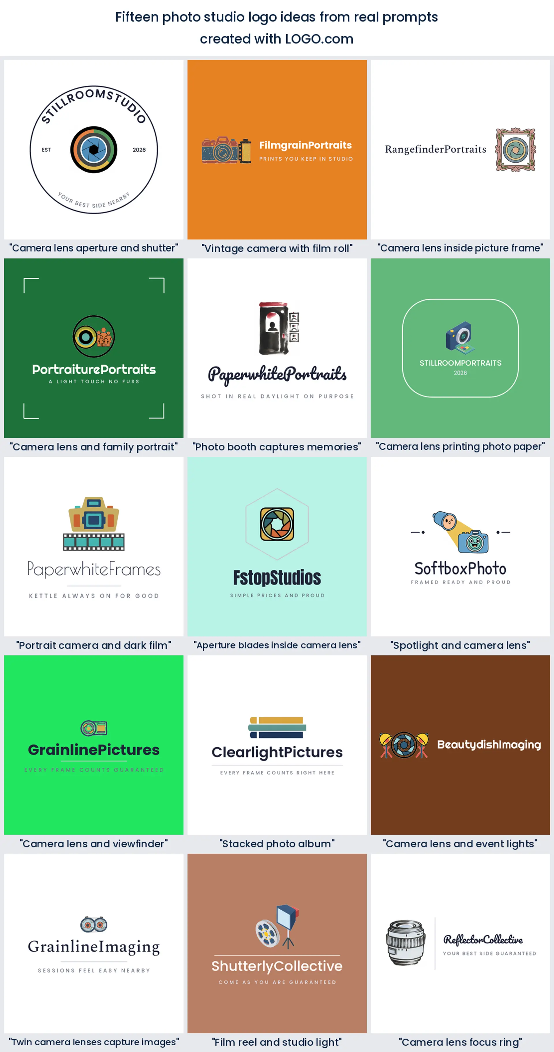 Fifteen photo studio logo ideas drawn from real founder prompts
