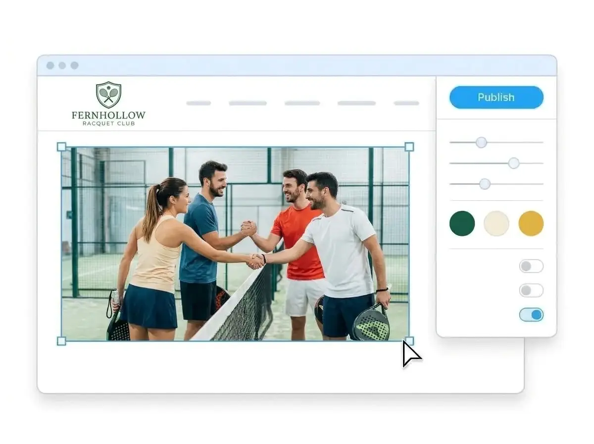 Editing the Fernhollow Racquet Club website with a photo of padel players shaking hands selected, the style panel open and the Publish button ready