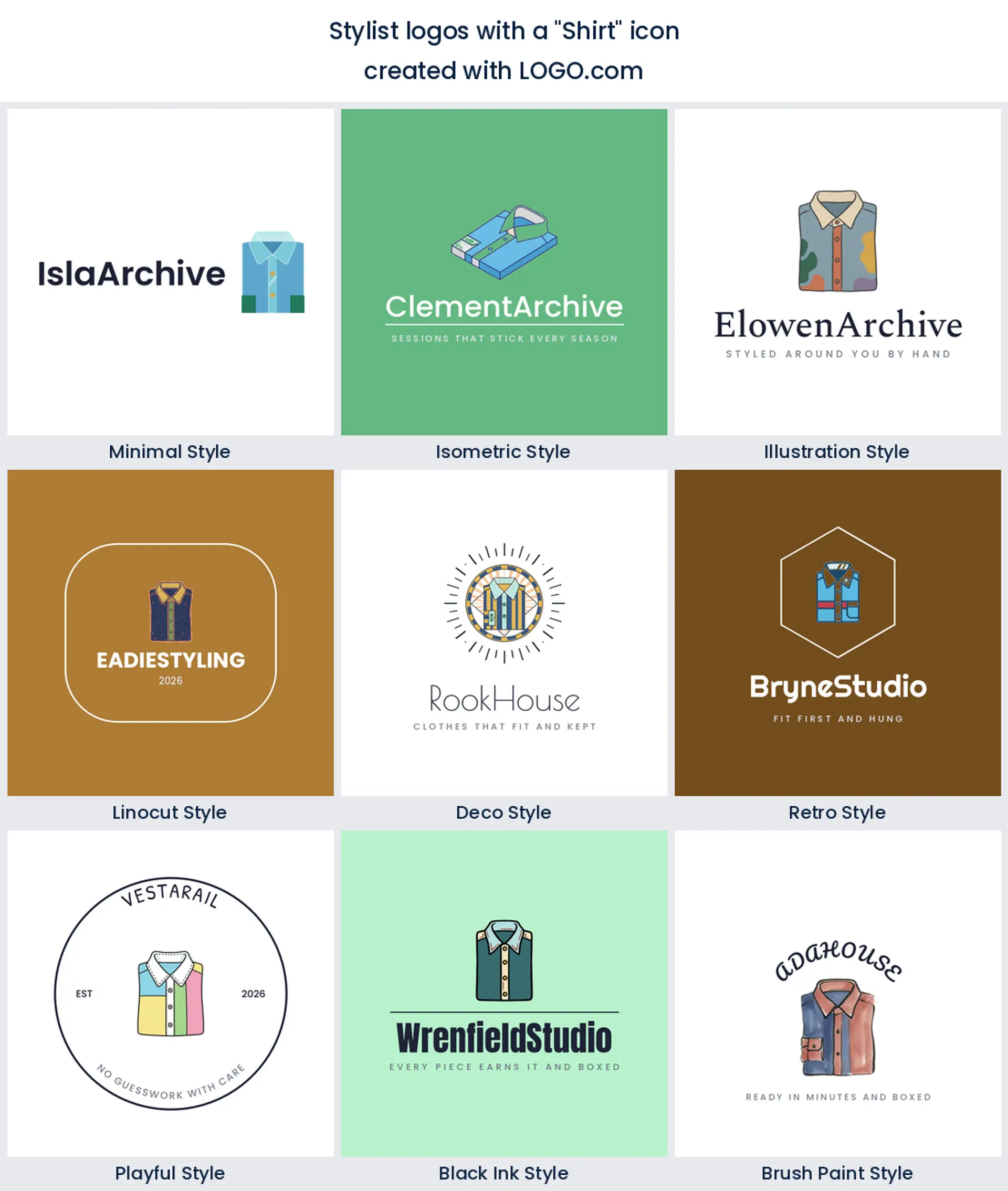 Shirt stylist logo shown in nine LOGO.com styles