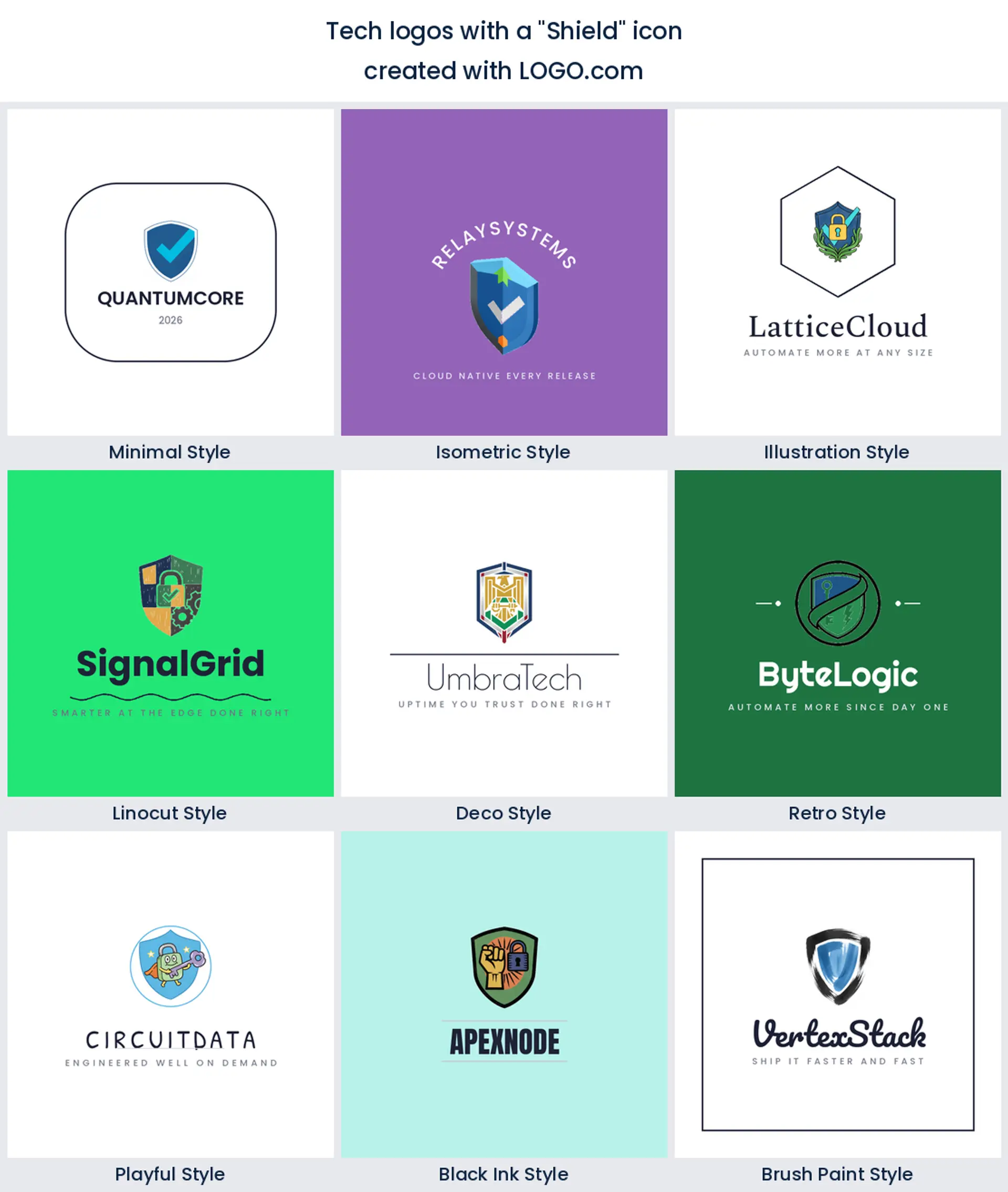 Shield and security tech logo shown in nine LOGO.com styles.