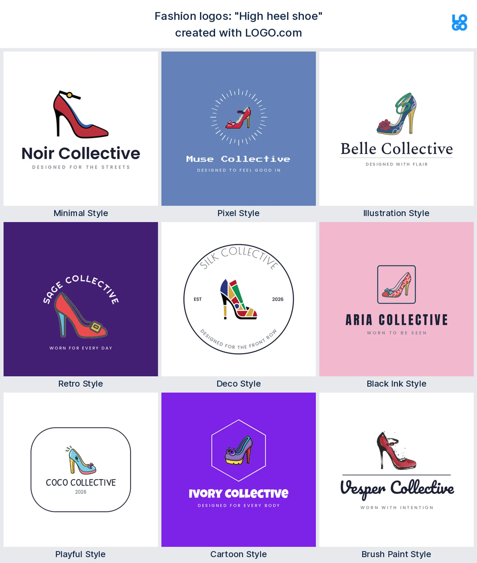 The "High heel shoe" logo idea shown across nine LOGO.com styles