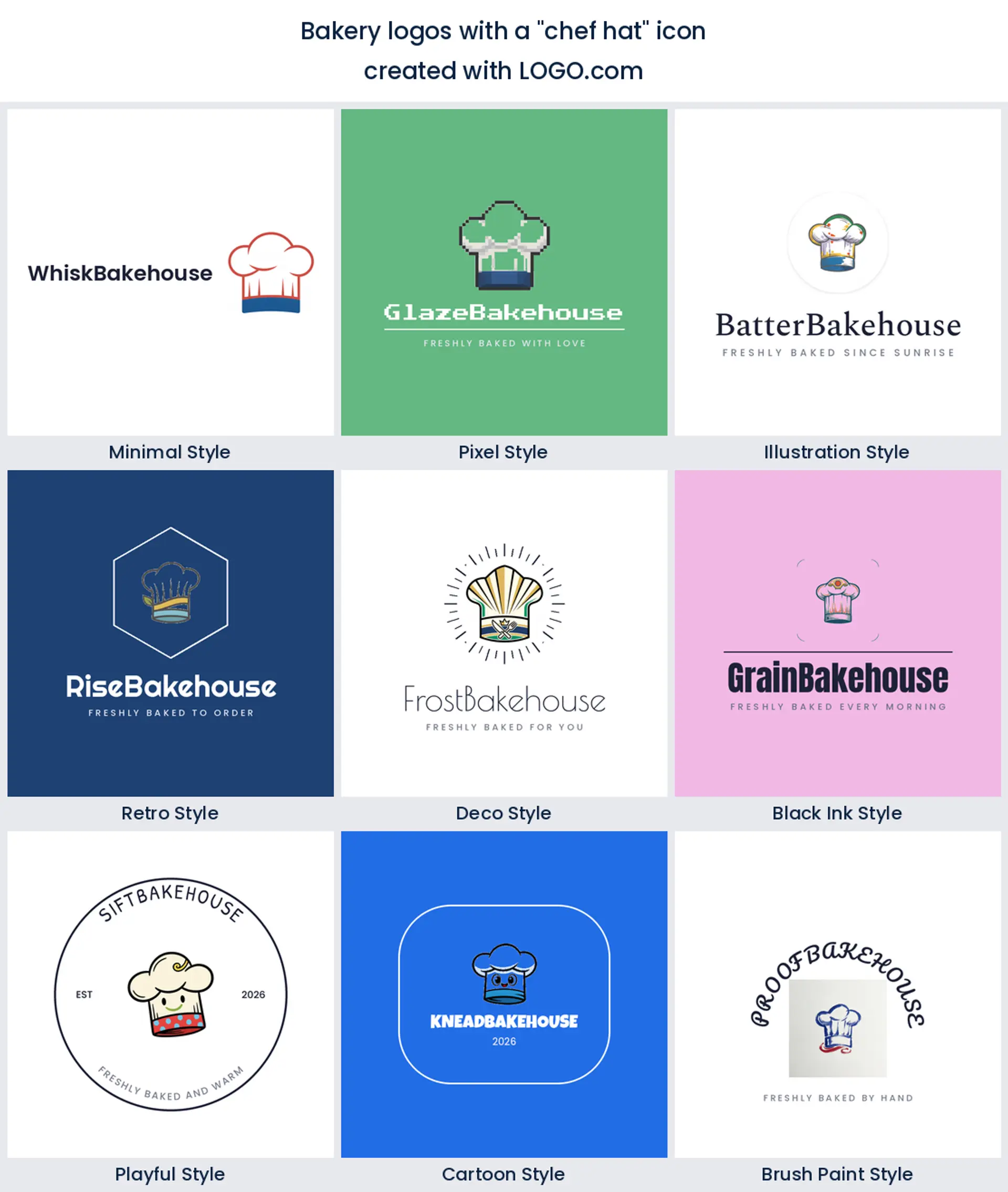 Chef hat bakery logo shown in nine LOGO.com styles.