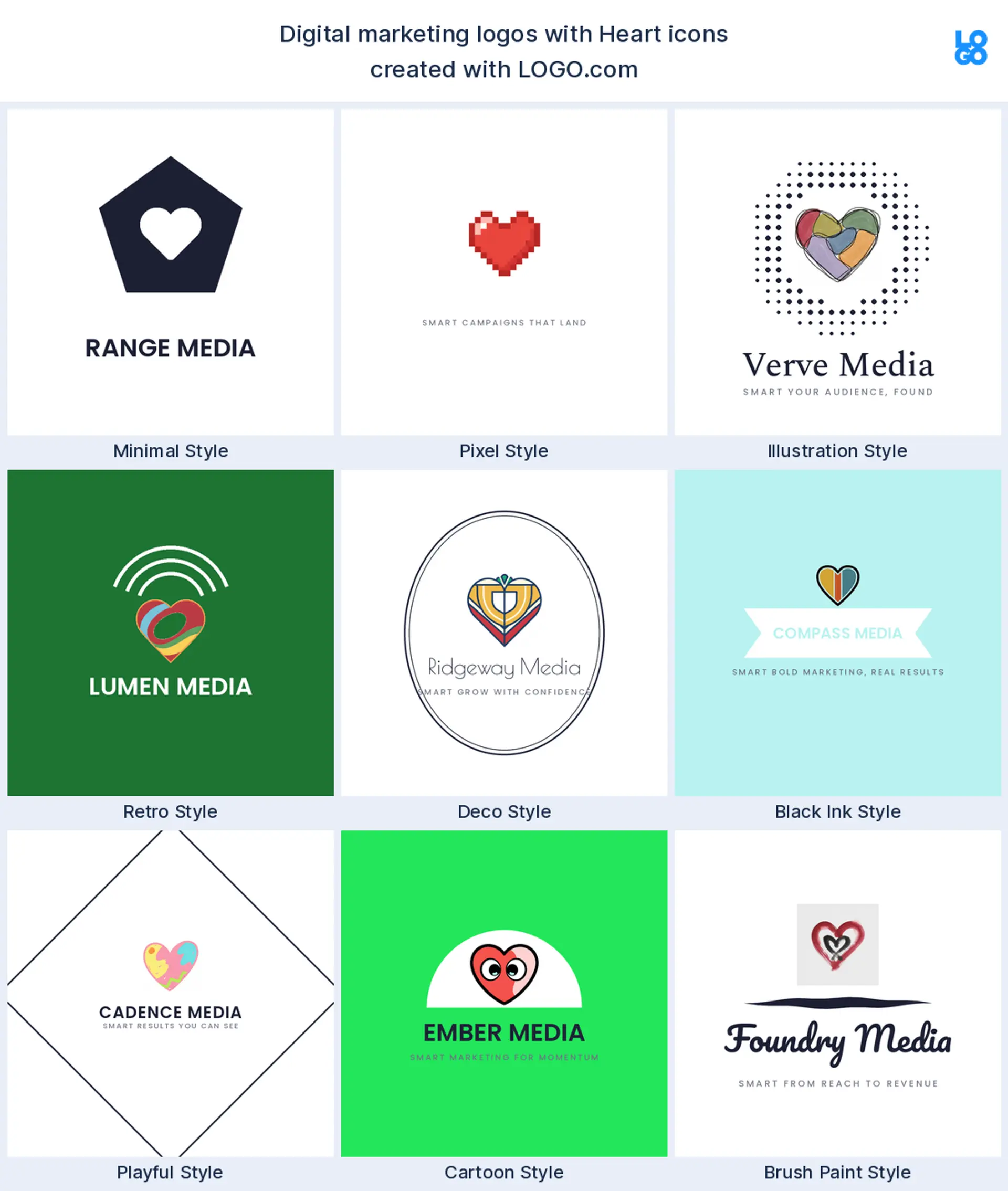 Heart, a popular digital marketing logo symbol, shown across nine styles on LOGO.com