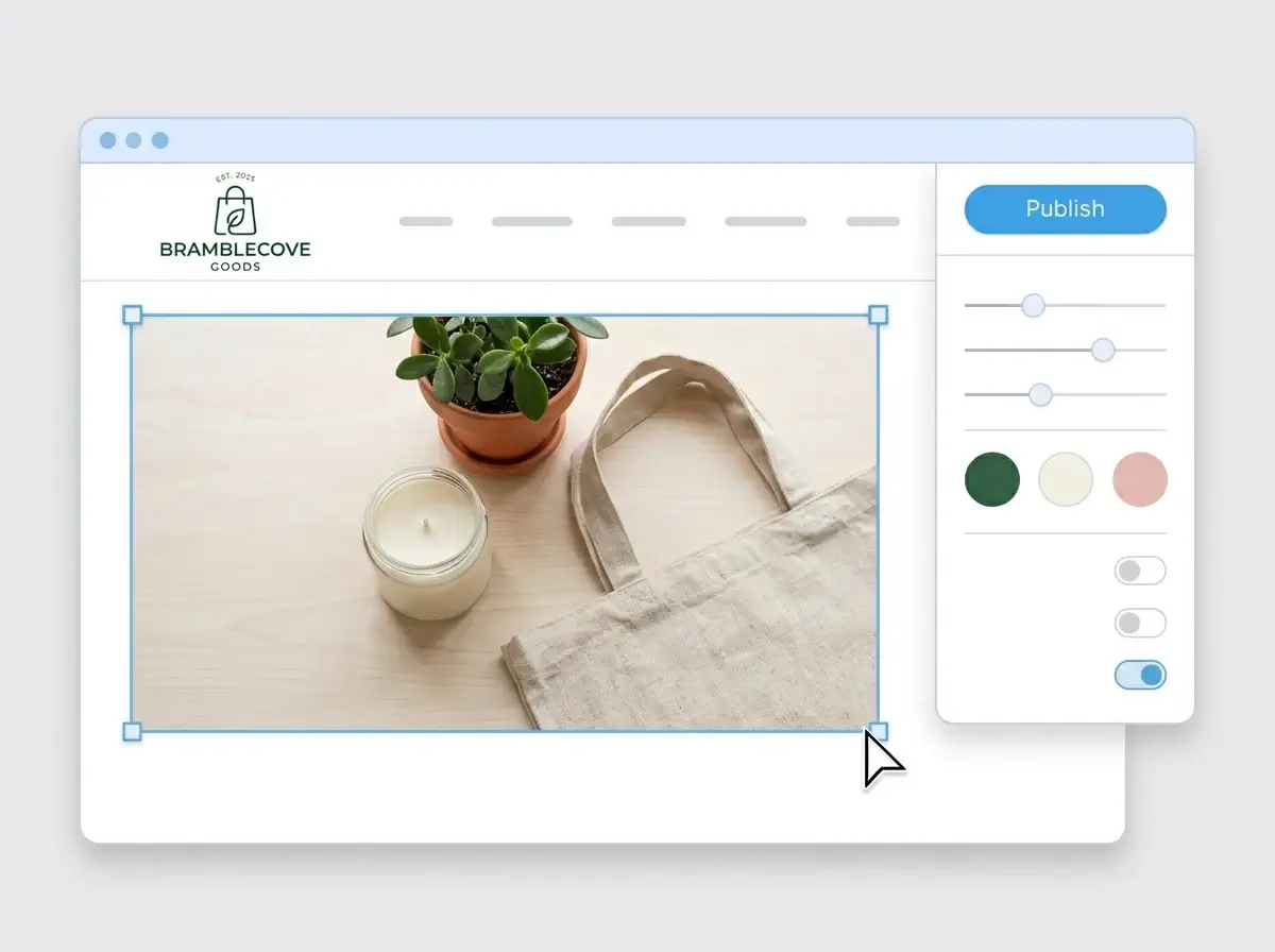 Editing the Bramblecove Goods website with a candle, plant and tote bag product photo selected, the style panel open and the Publish button ready