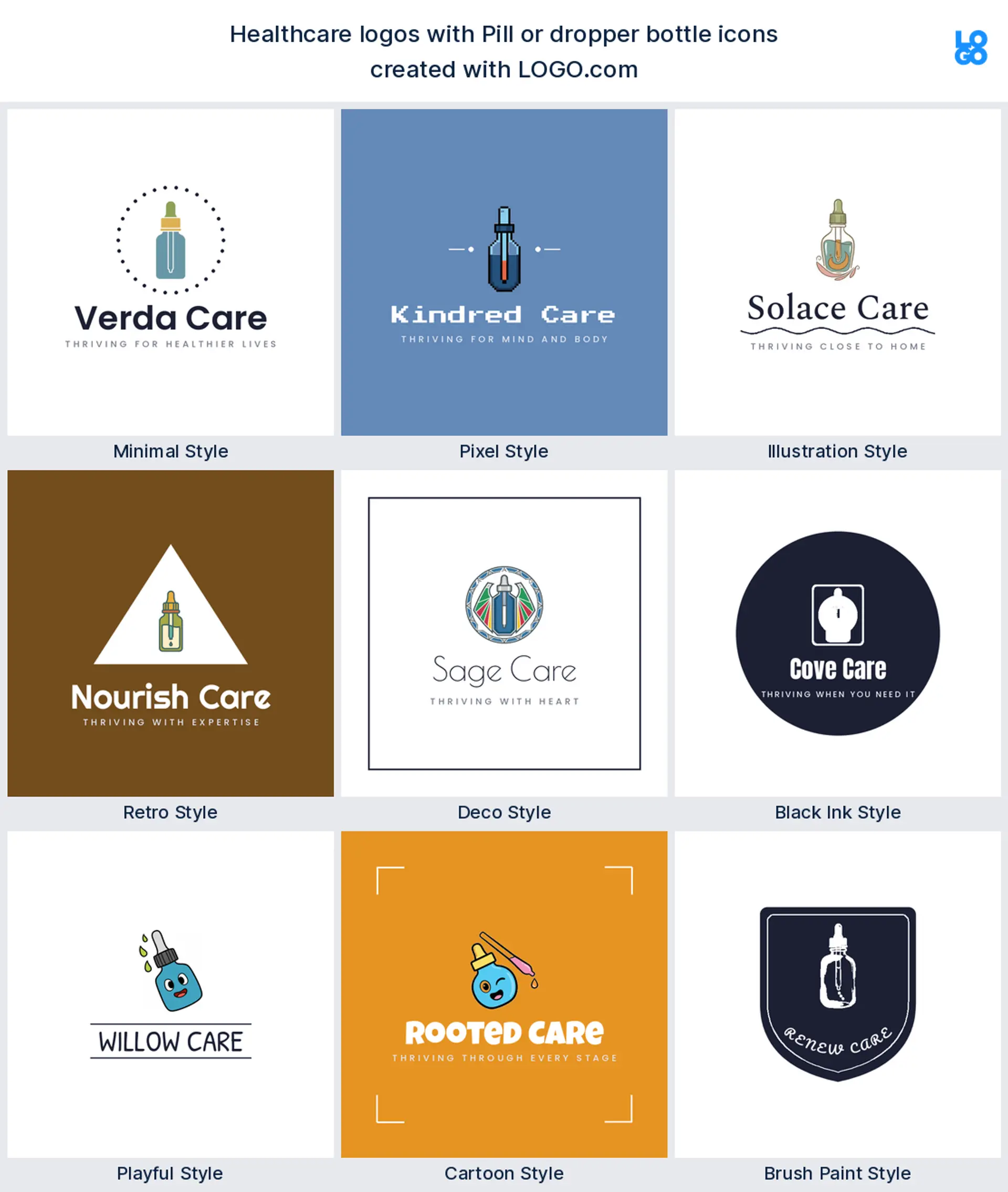 Pill or dropper bottle shown across nine LOGO.com healthcare logo styles