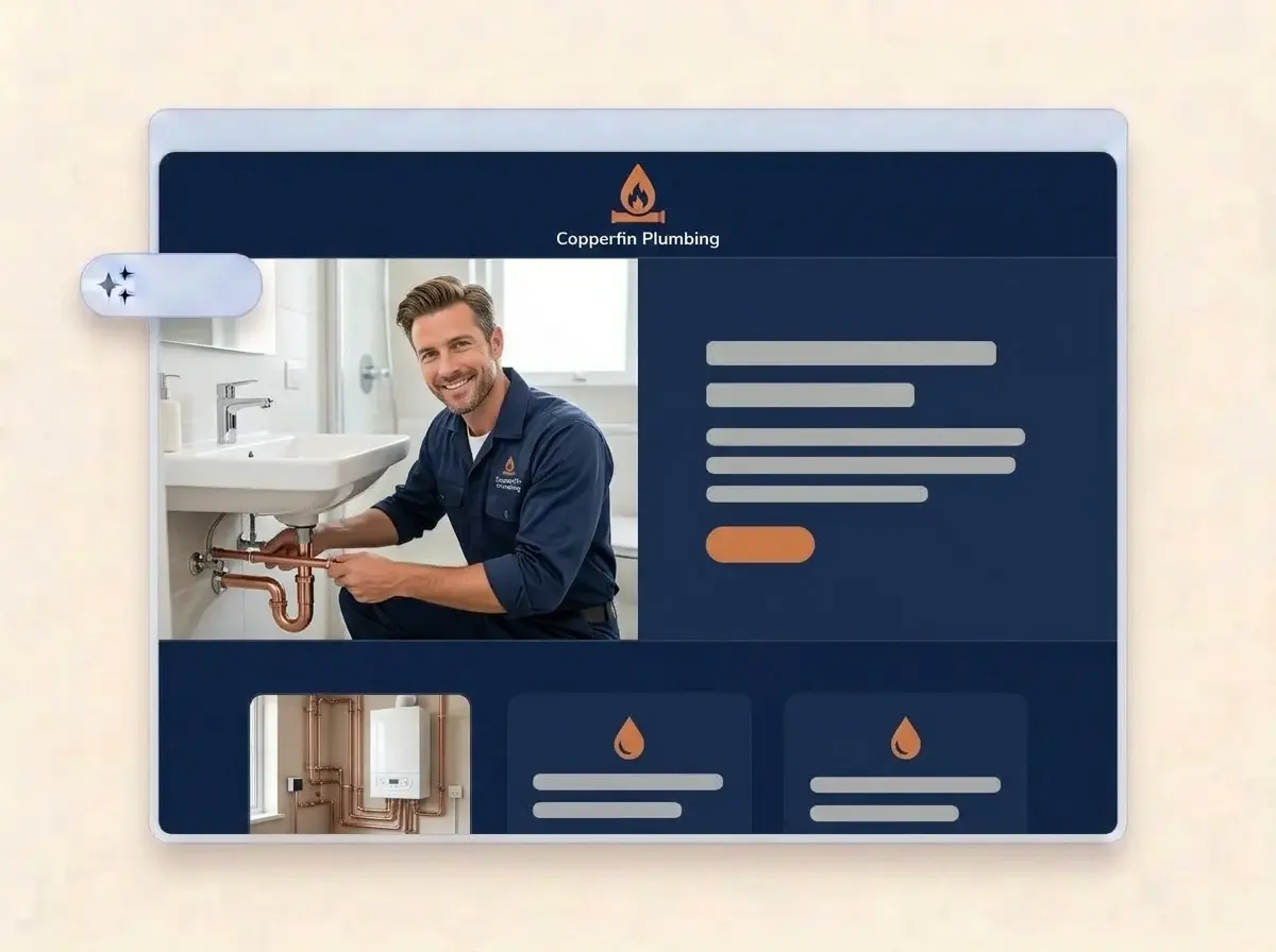 Finished Copperfin Plumbing website built by LOGO.com from the uploaded logo, with a plumber fitting pipes under a bathroom sink in the hero and a new boiler thumbnail