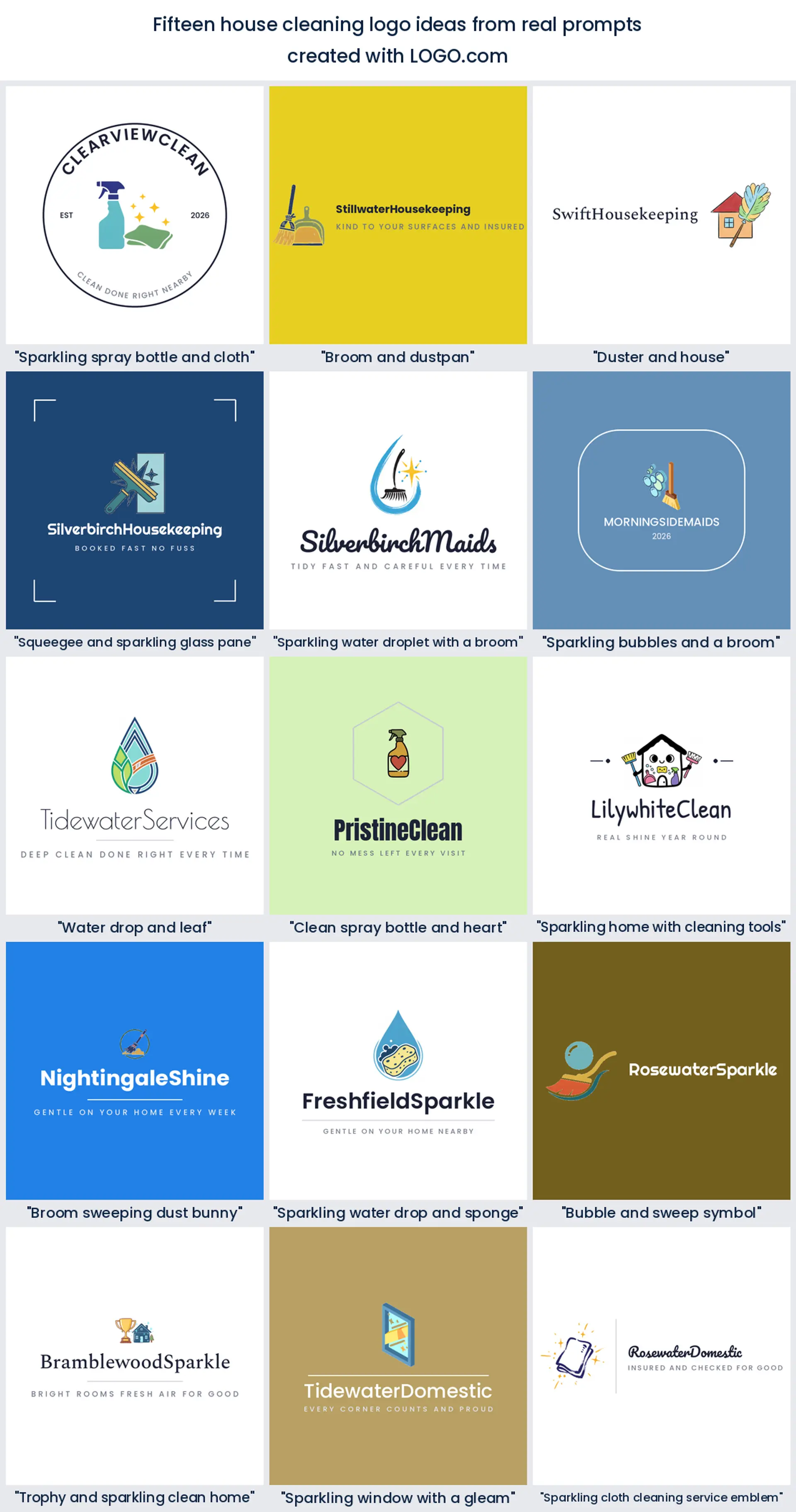 Fifteen house cleaning logo ideas shown across nine LOGO.com styles