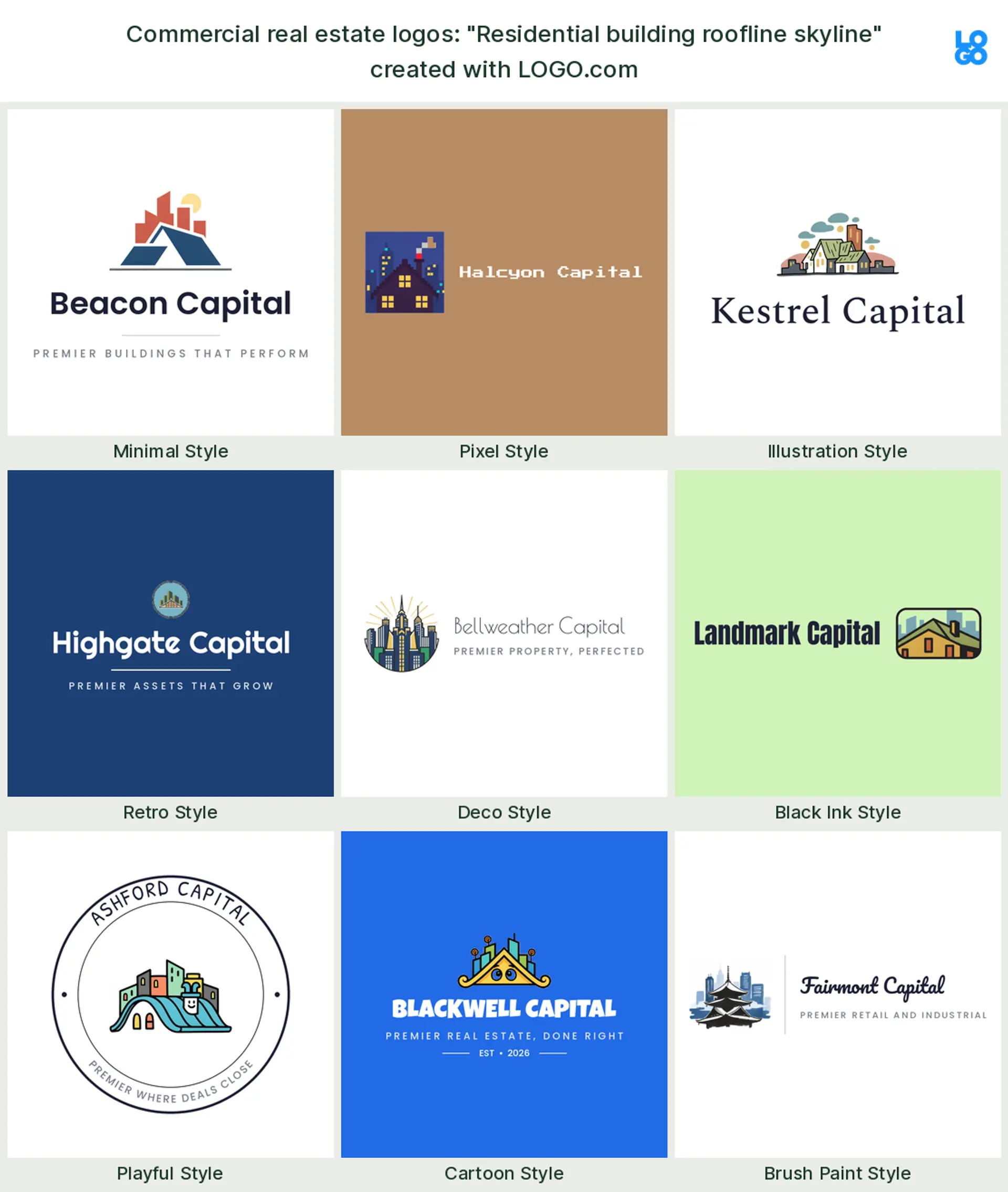 The "Residential building roofline skyline" commercial real estate logo idea, shown across nine styles on LOGO.com