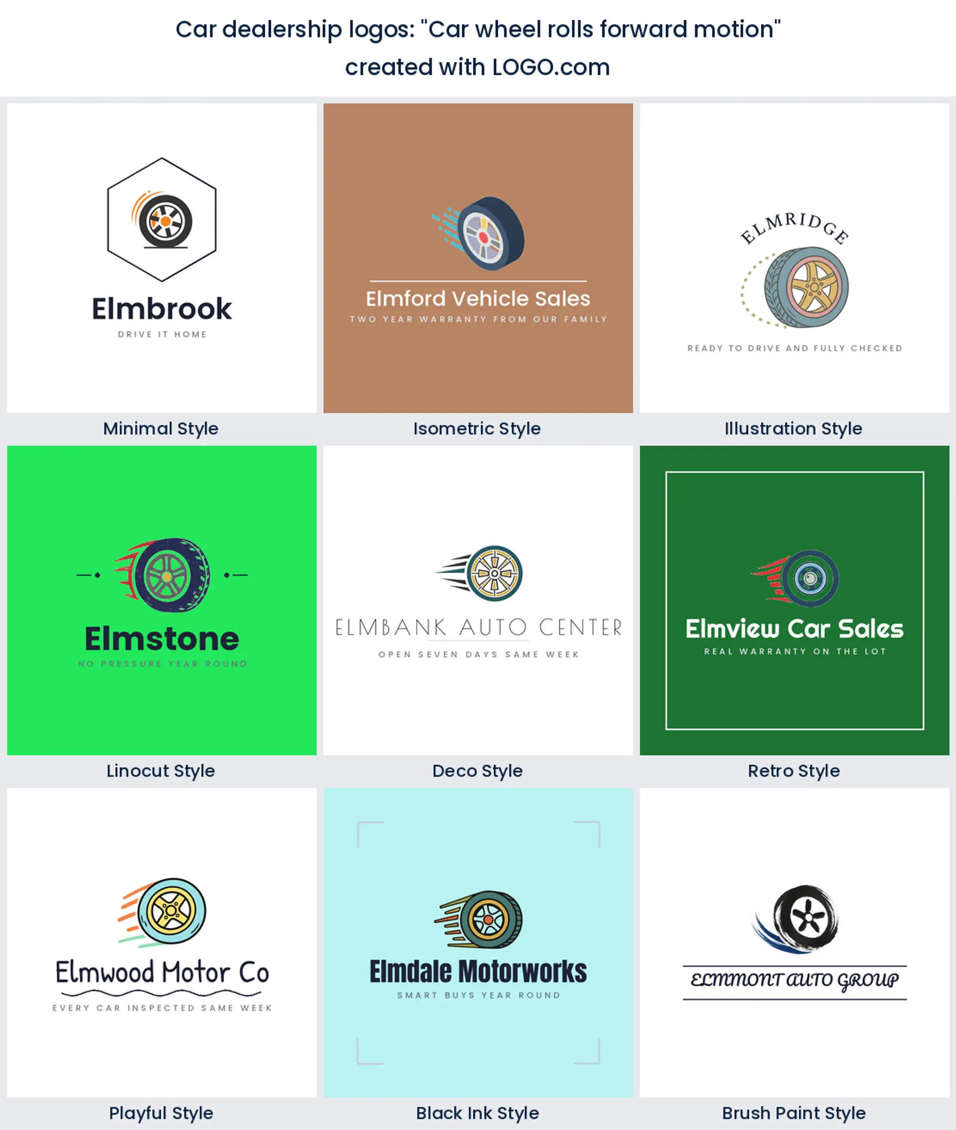 Rolling car wheel automotive logo in nine styles