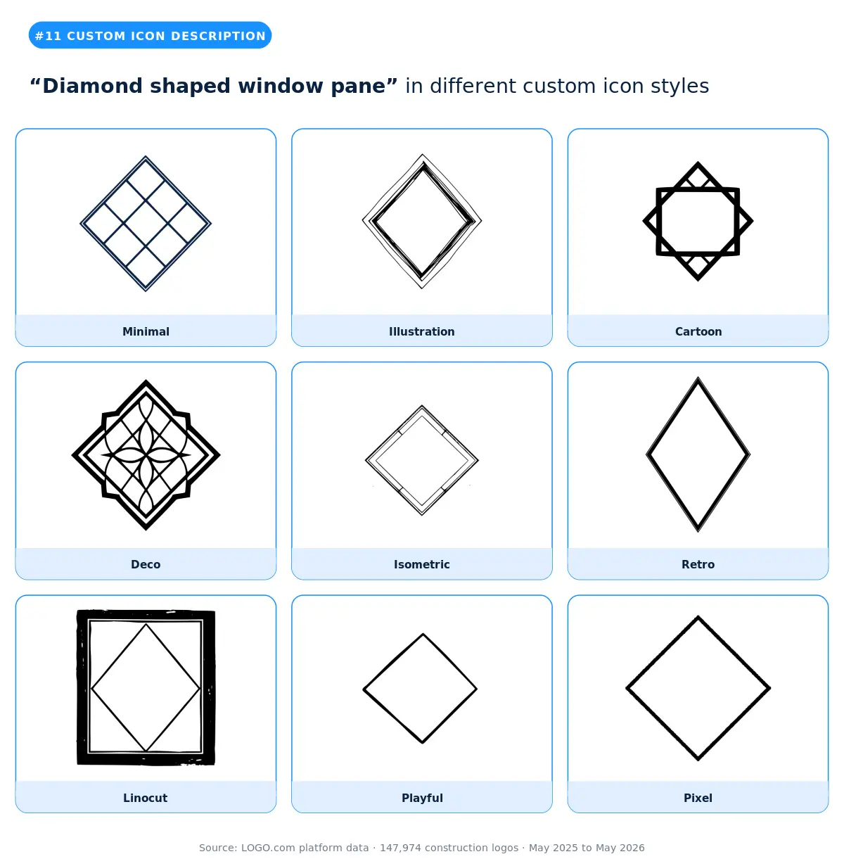 "Diamond shaped window pane" custom construction logo symbol in nine styles
