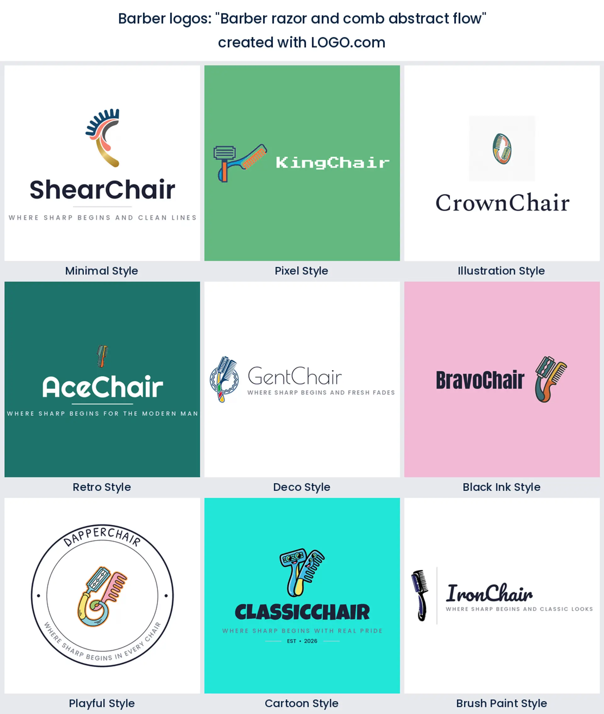 Razor and comb abstract flow logo in nine styles.
