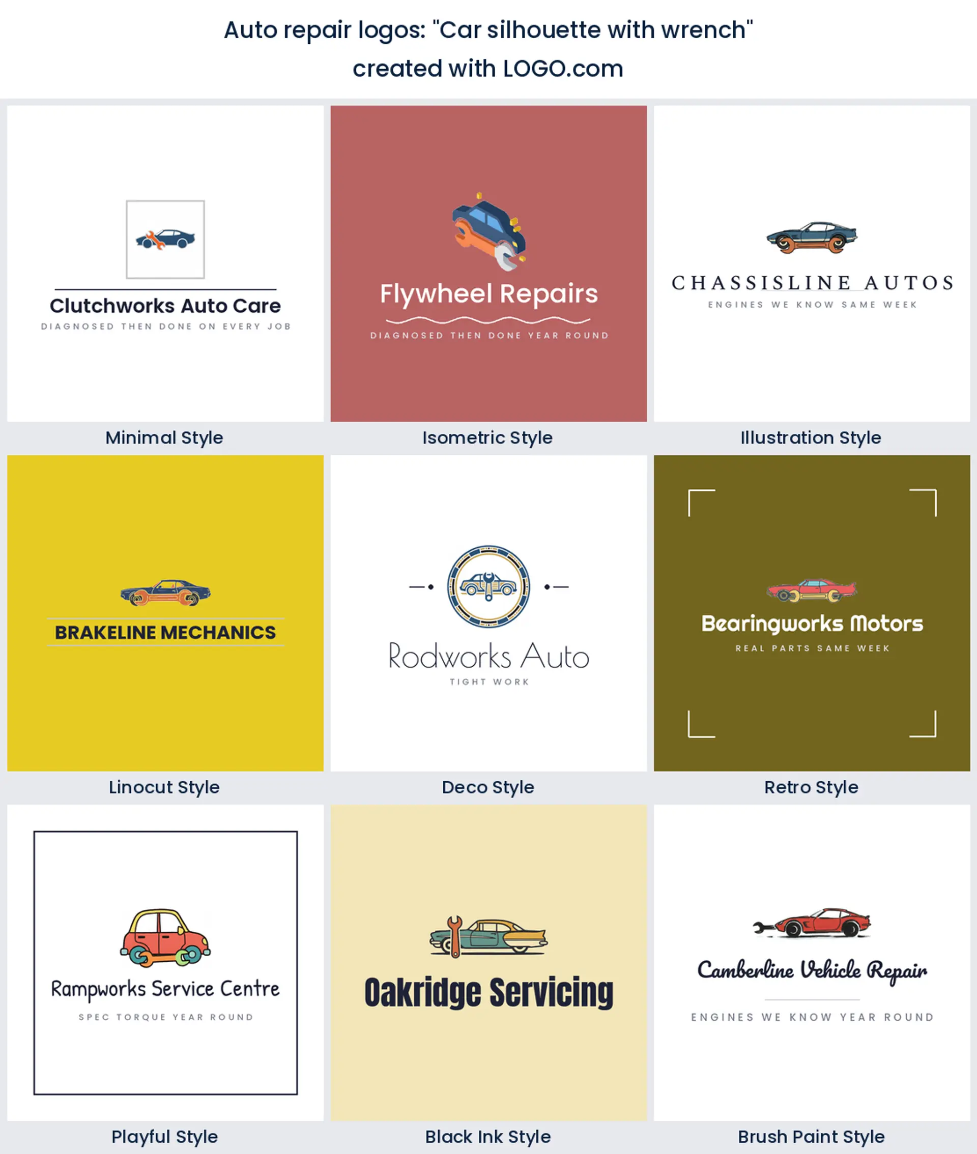 "Car silhouette with wrench" car repair logo shown in nine LOGO.com styles