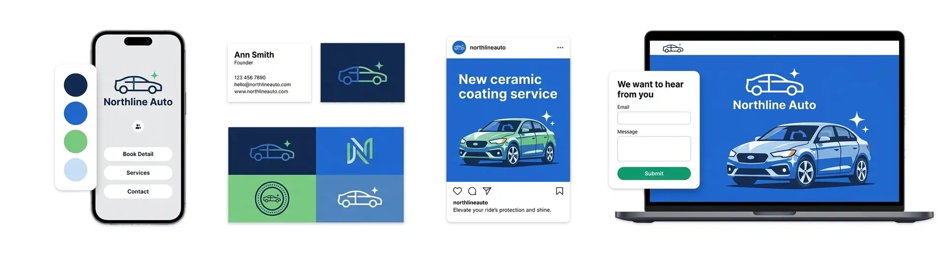 Car logo branding for Northline Auto shown on a phone, business cards, an Instagram post and a laptop.