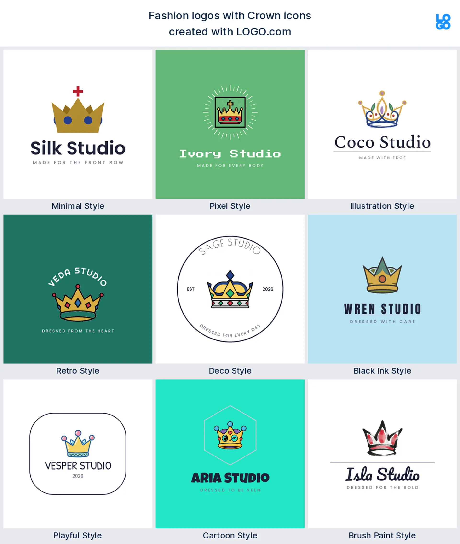 Crown shown across nine LOGO.com logo styles