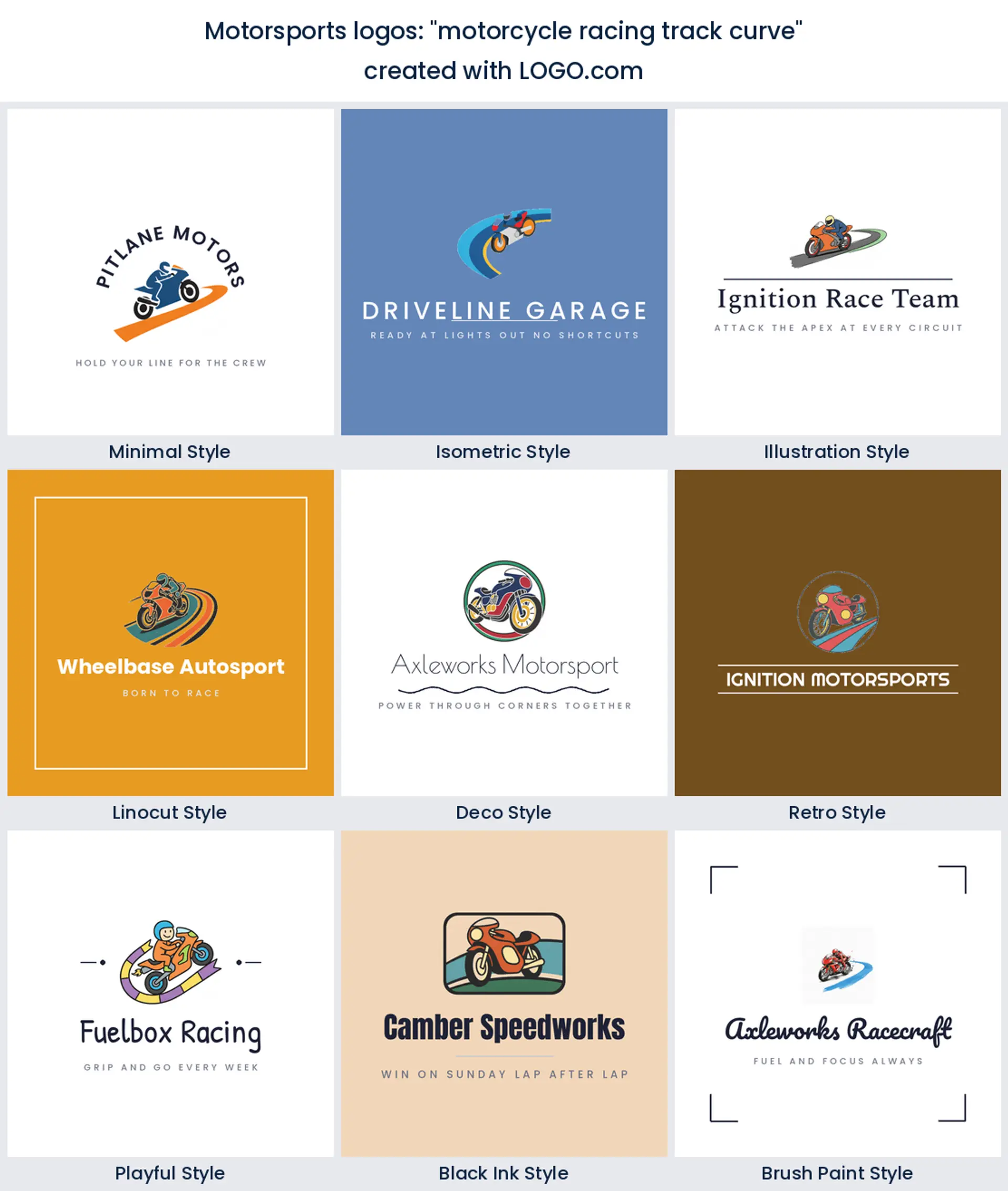 Nine motorcycle road racing logos of a bike on a track curve, shown in nine styles.
