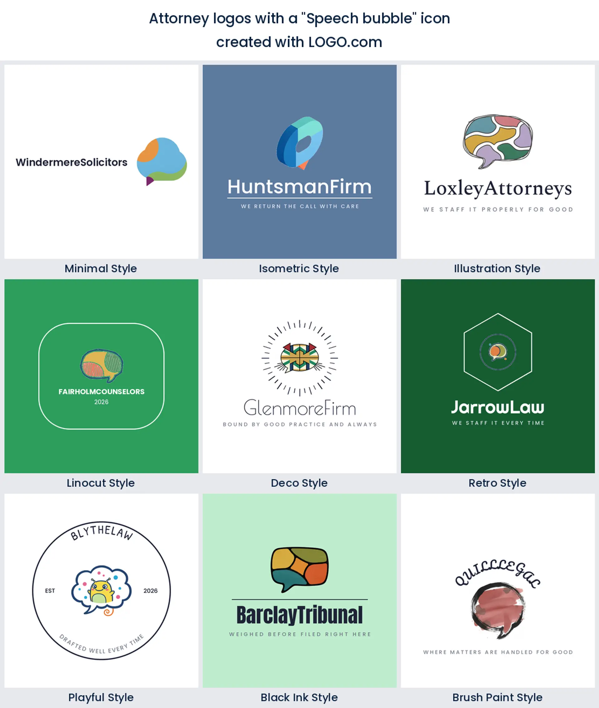 Nine styles of attorney logo built on a rounded speech bubble
