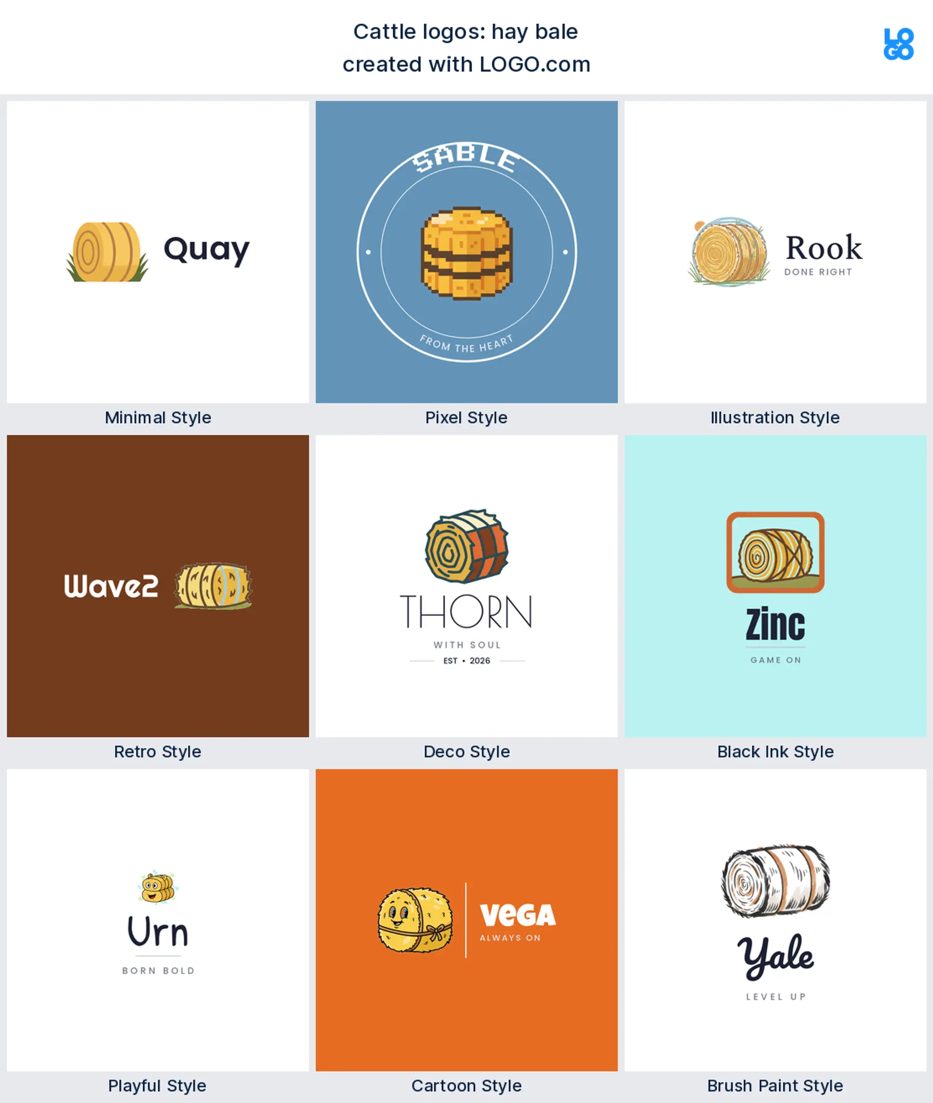 Hay bale playful farm logo shown in nine LOGO.com styles