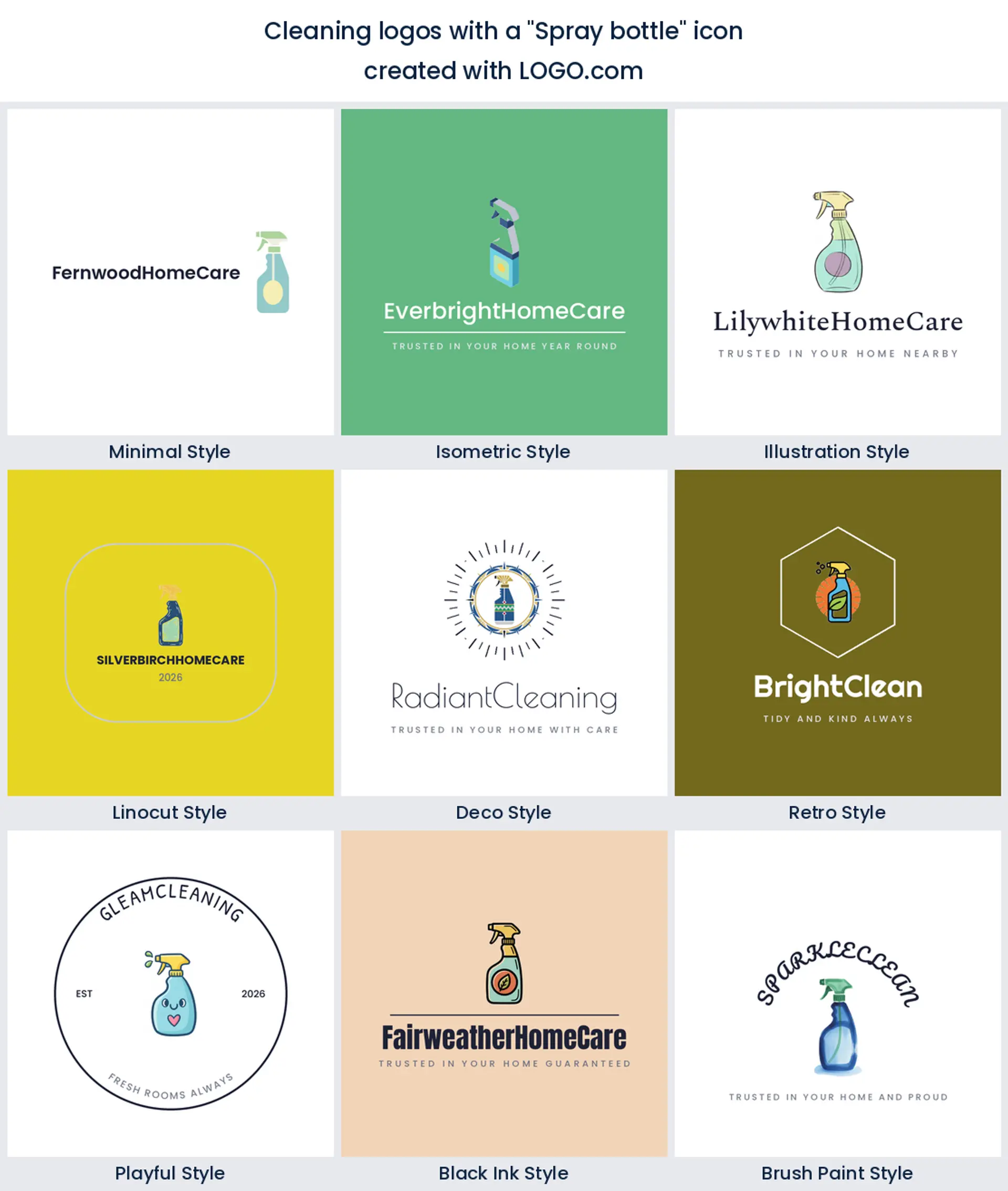 Spray bottle cleaning logo shown in nine LOGO.com styles
