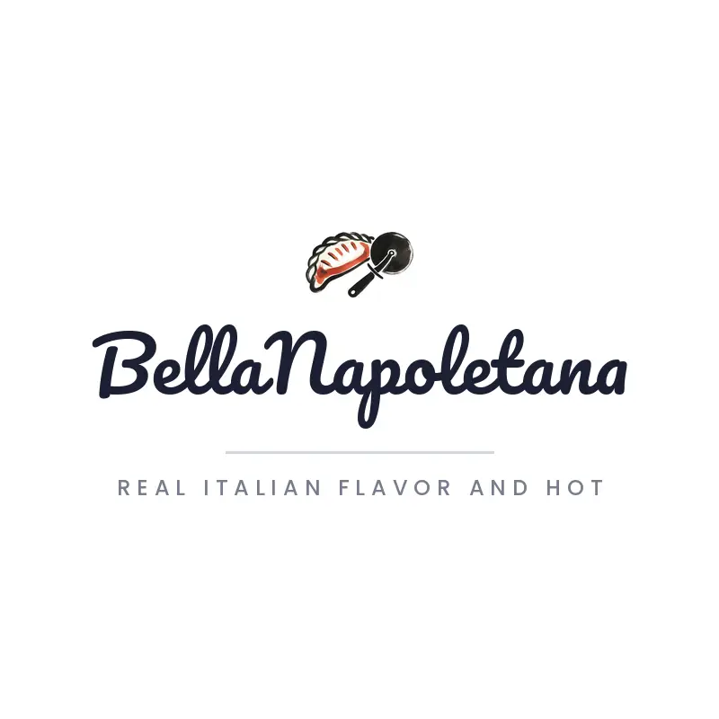 A brush painted calzone and pizza cutter logo on a white background.