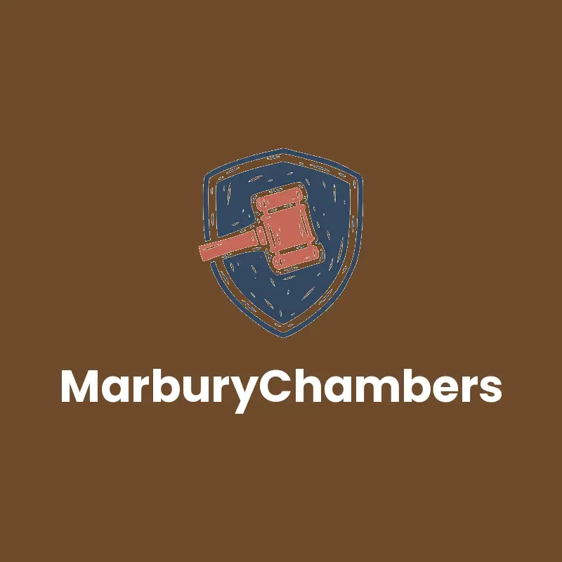 Linocut law logo with a gavel laid across a shield for MarburyChambers