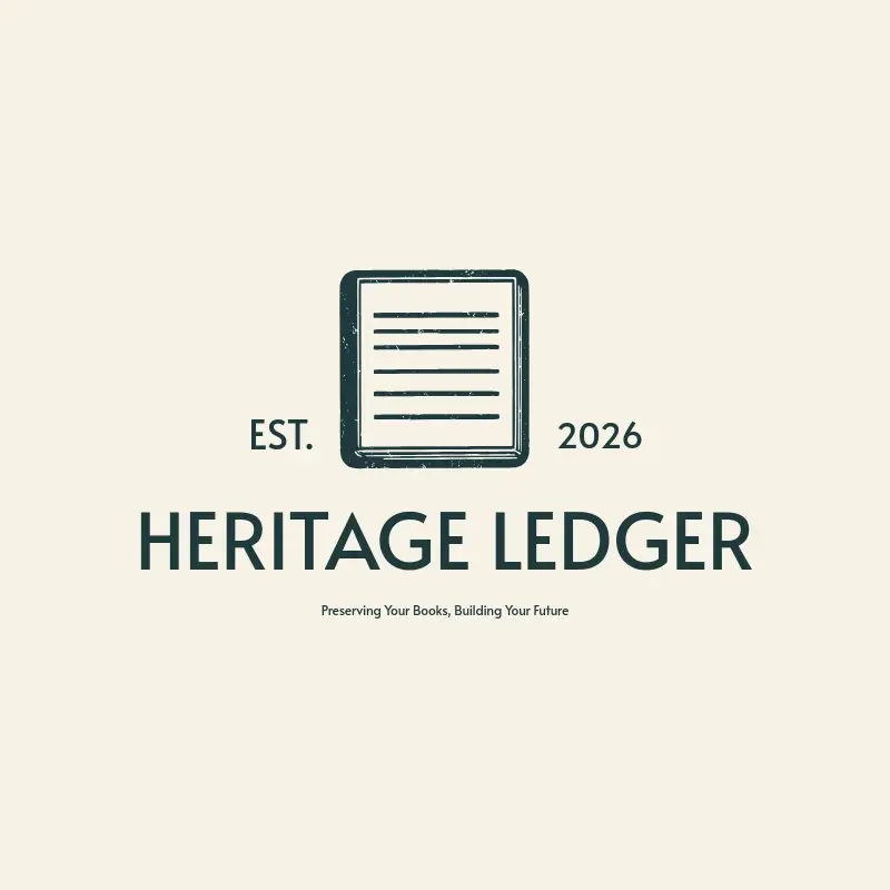 The bookkeeping name Heritage Ledger as a branded logo with a single color icon