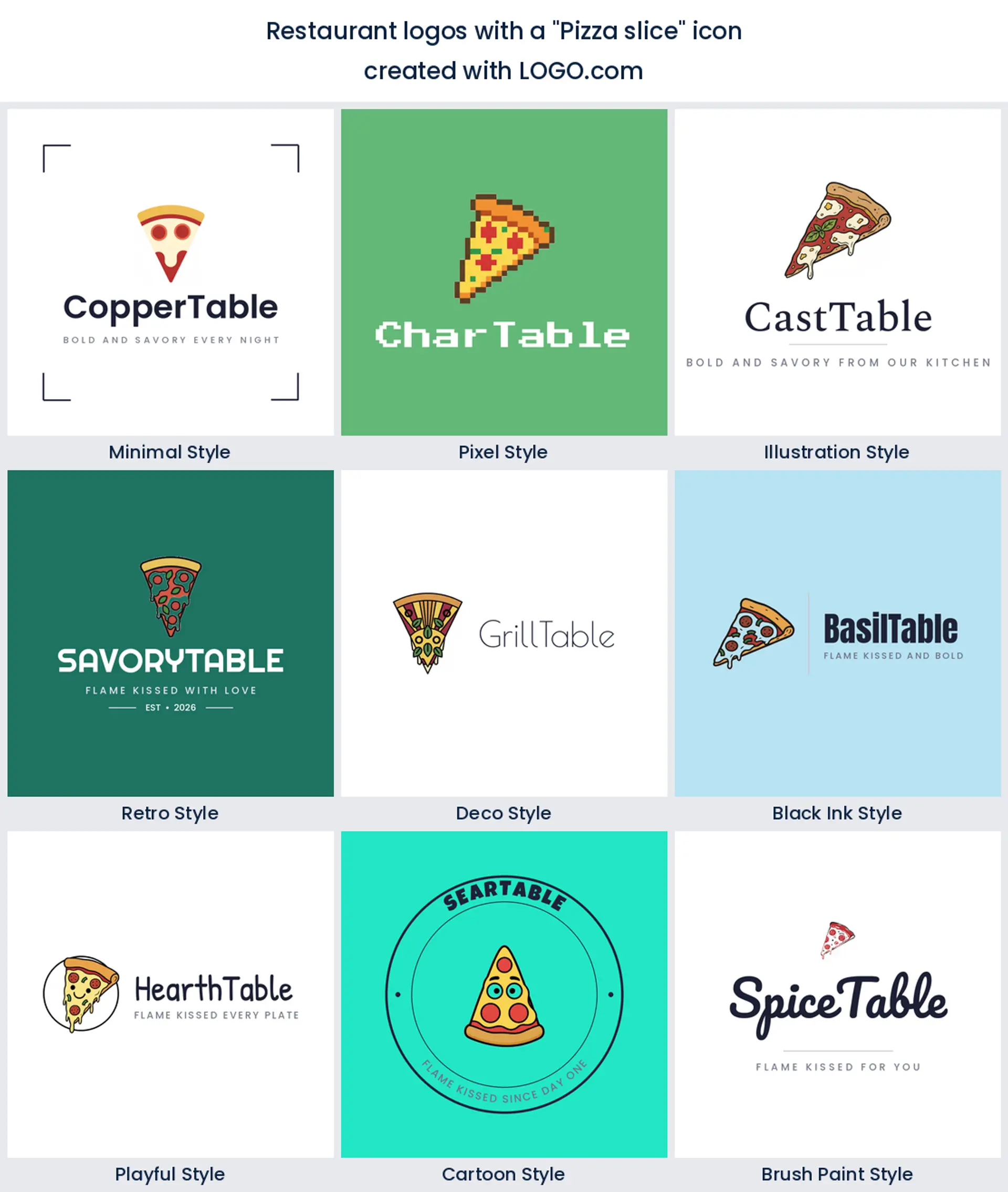 Pizza slice restaurant logo shown in nine LOGO.com styles.