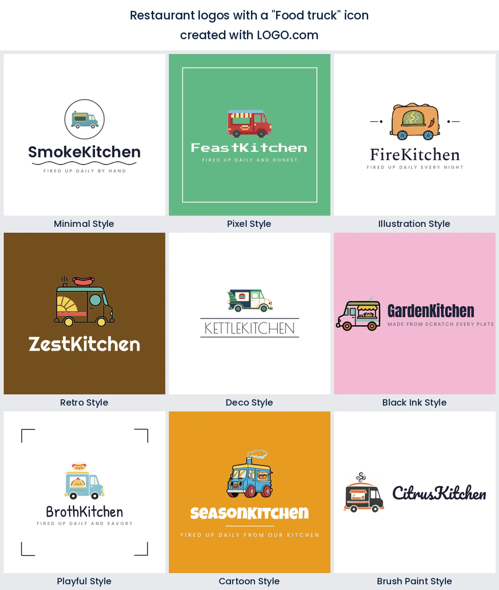 Food truck restaurant logo shown in nine LOGO.com styles.