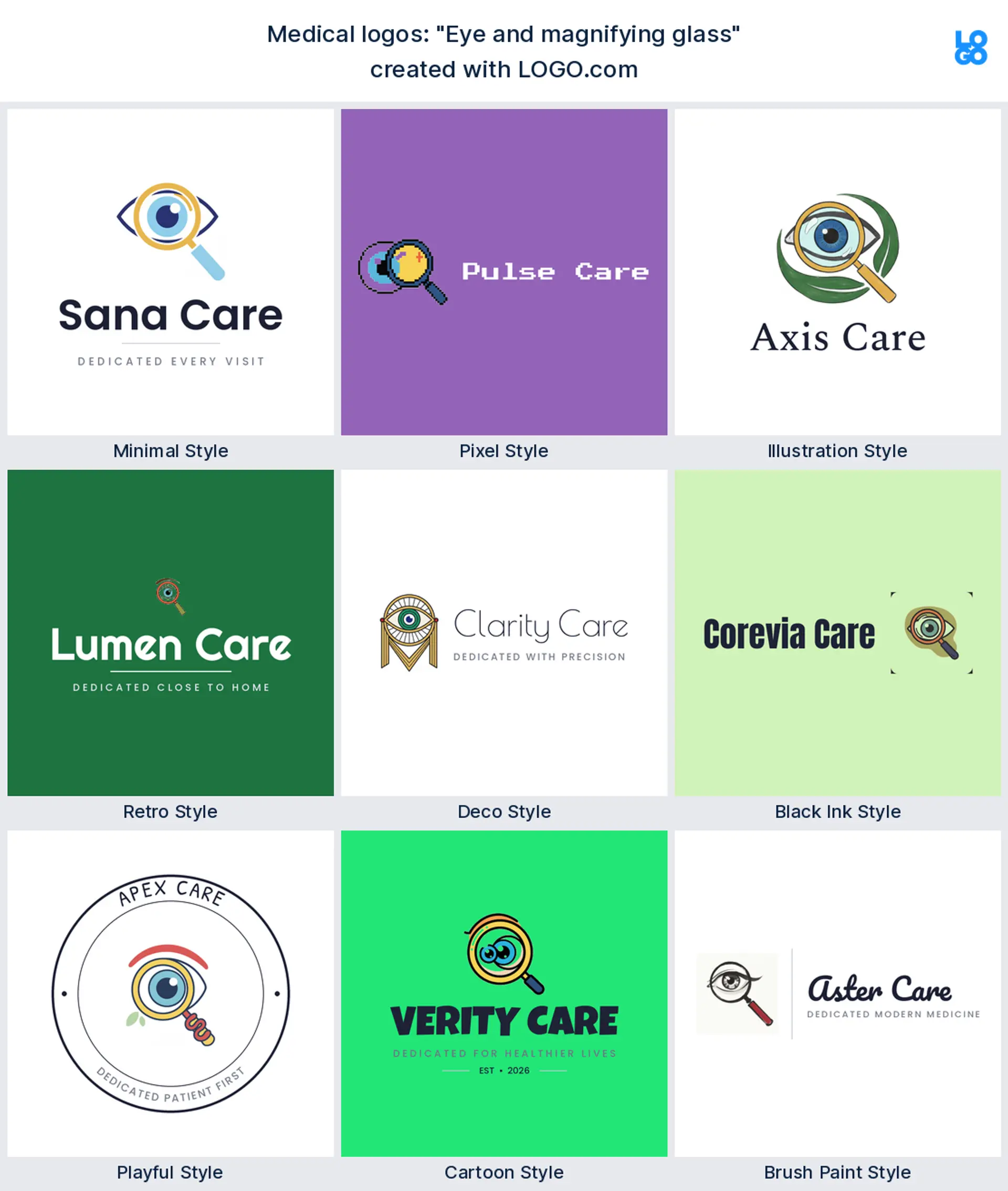 The "Eye and magnifying glass" medical logo idea shown across nine LOGO.com styles