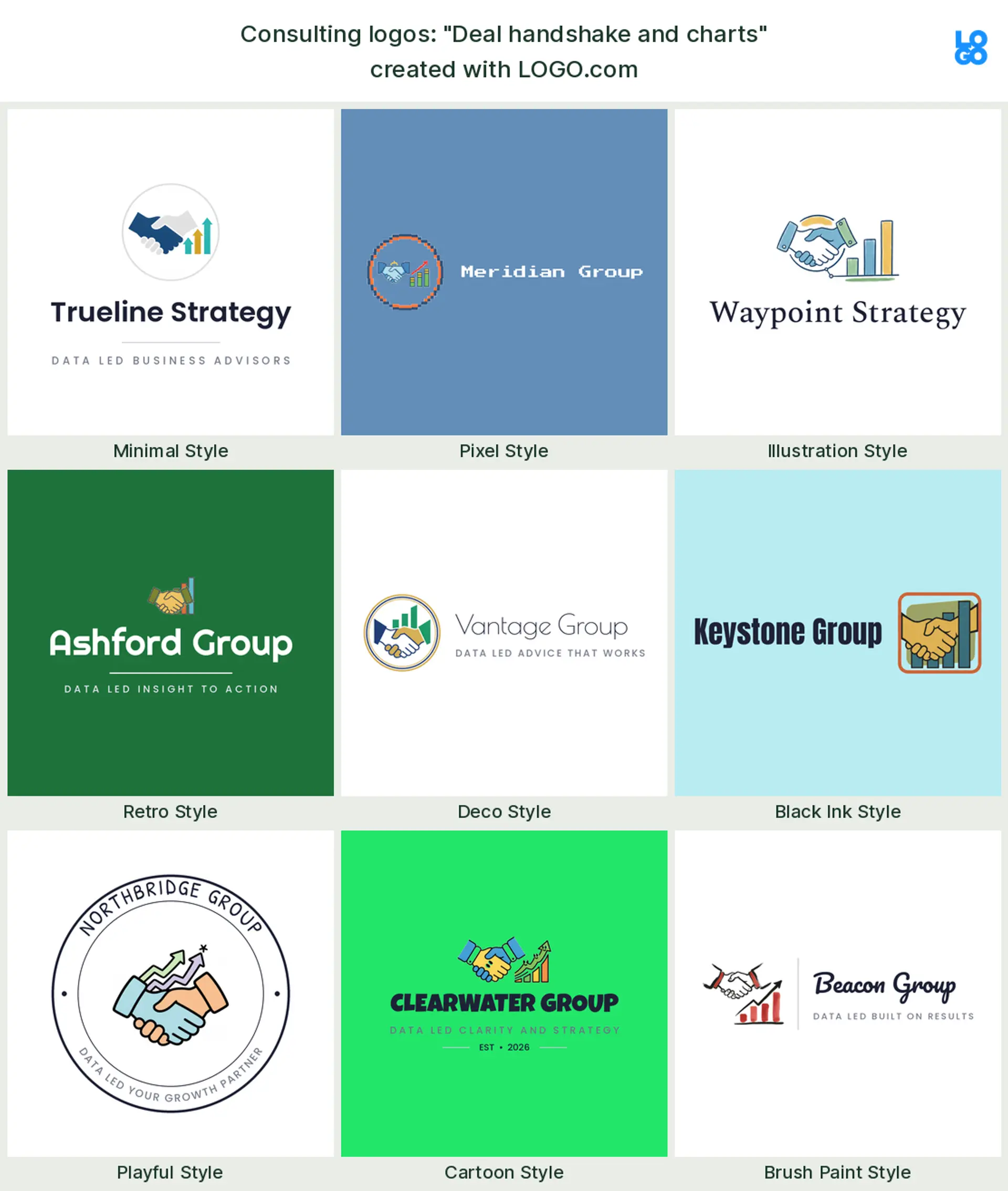 The "Deal handshake and charts" business consulting logo idea, shown across nine styles on LOGO.com
