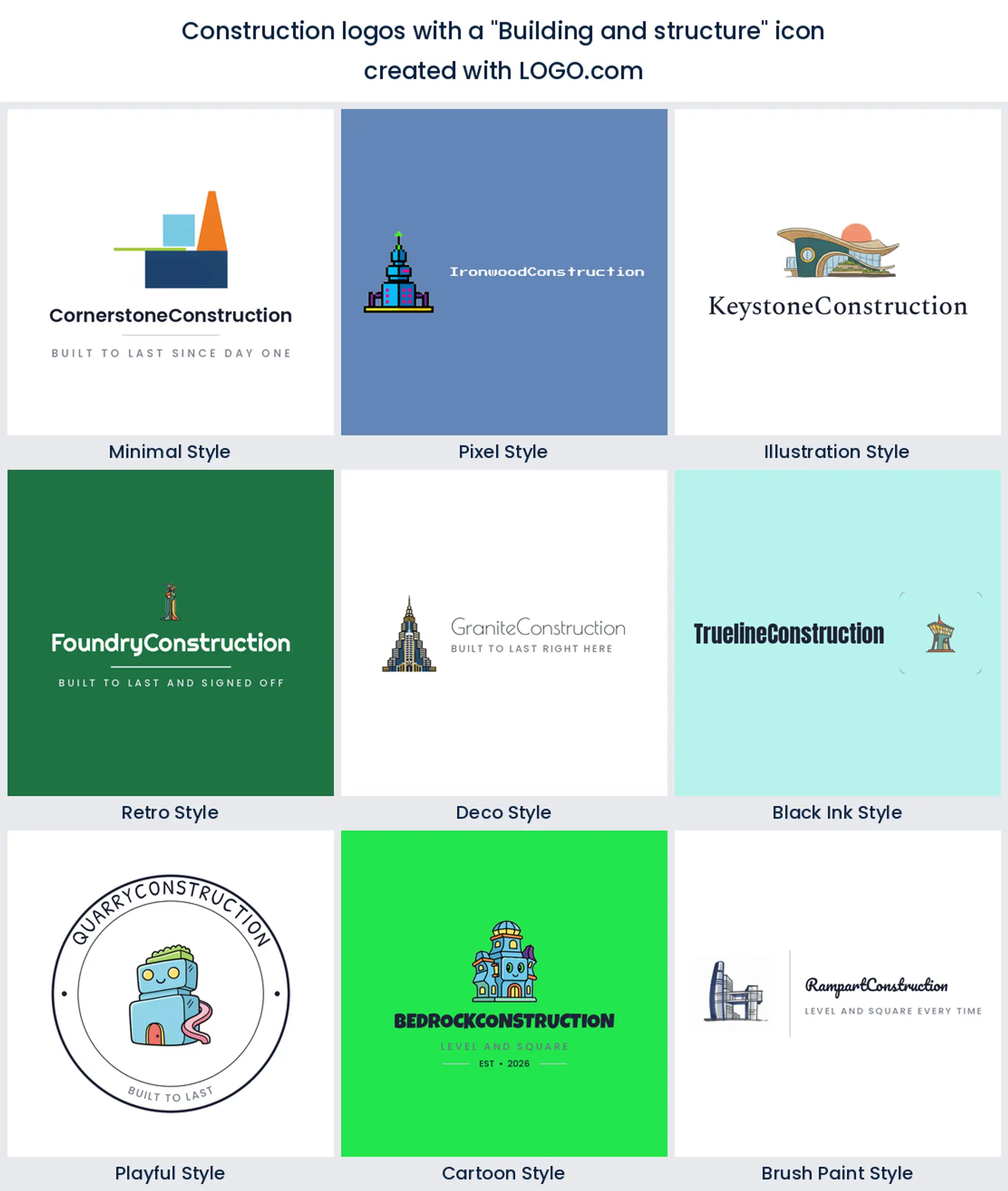 Building and structure icon for a construction brand, shown in nine LOGO.com styles