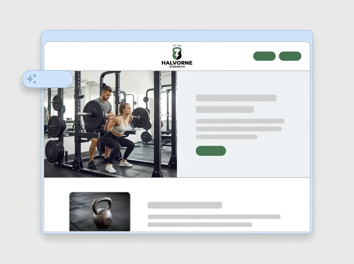 Finished Halvorne Strength fitness website built by LOGO.com from the uploaded logo, with a coach spotting a lifter in the hero and a kettlebell thumbnail