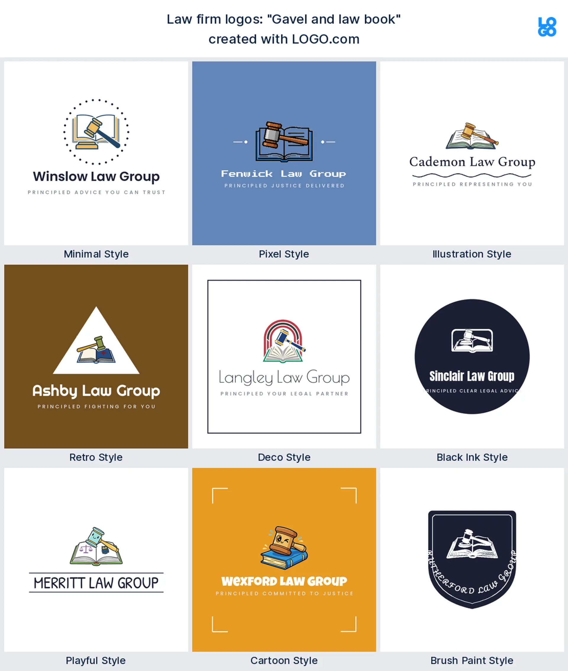 The "Gavel and law book" legal logo idea, shown across nine styles on LOGO.com