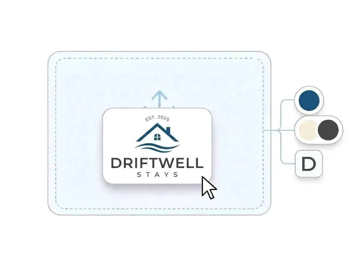 Driftwell Stays logo dropped into the LOGO.com upload box, with its ocean blue, sand and charcoal colors and sans serif letter picked out