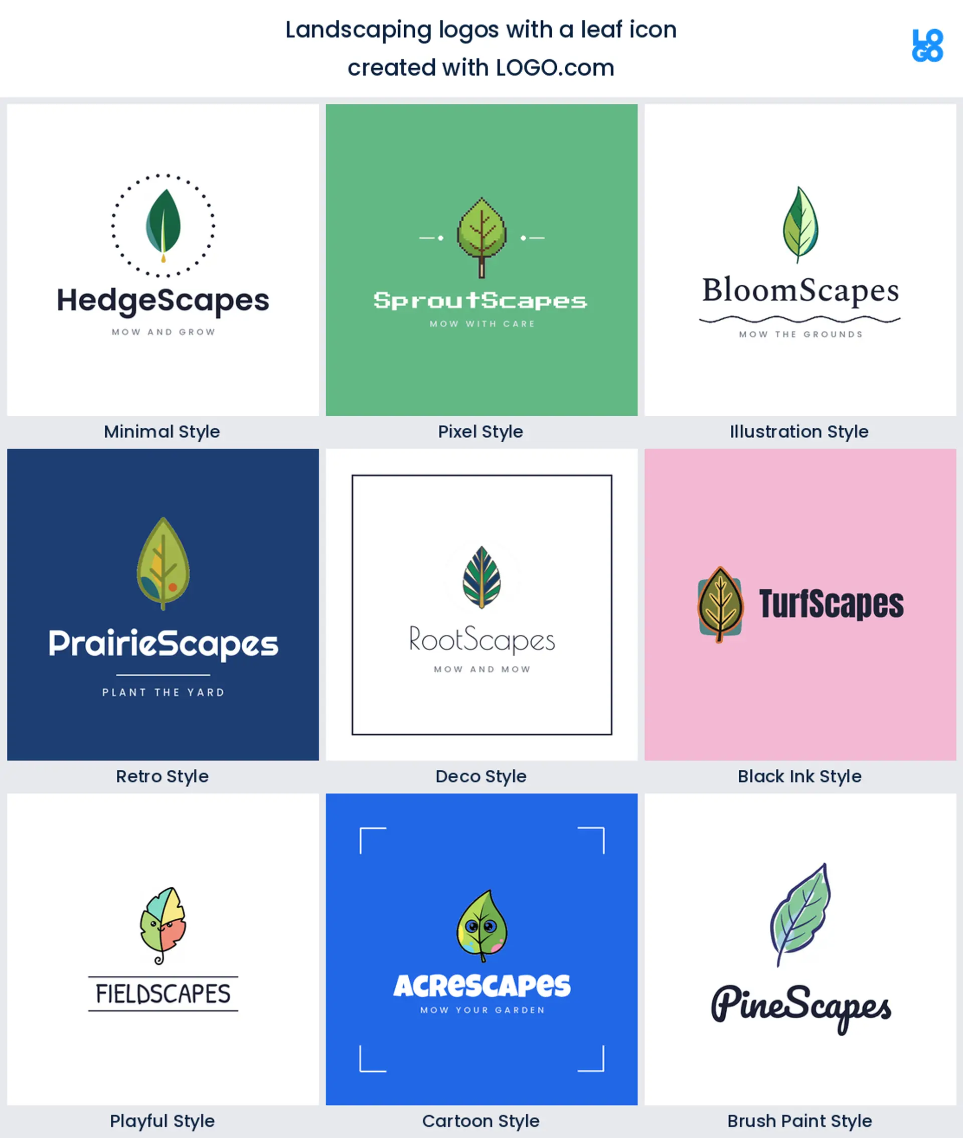 Leaf landscaping logo shown in nine LOGO.com styles