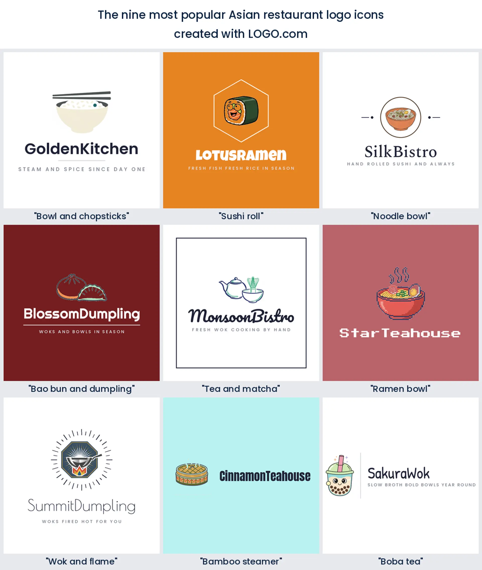 The nine most popular Asian restaurant logo icons on LOGO.com, shown in colored styles.